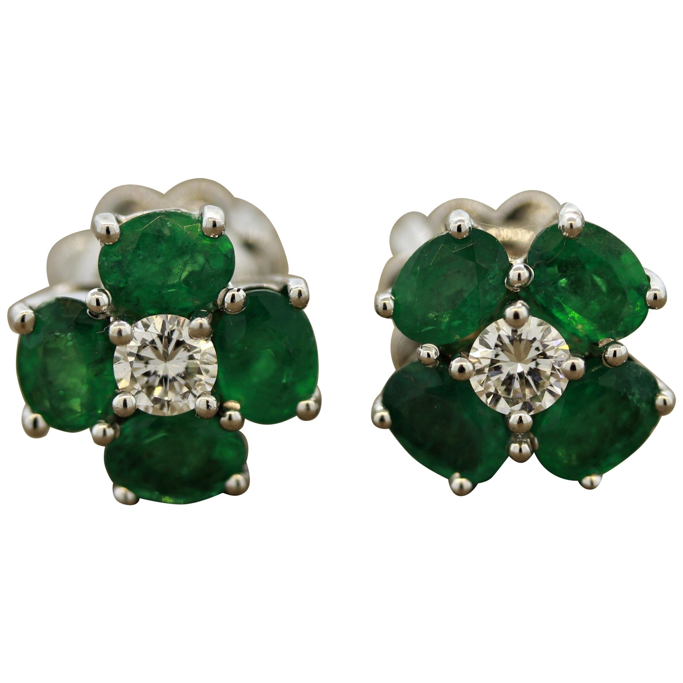 Emerald Diamond Gold Cluster Stud Earrings