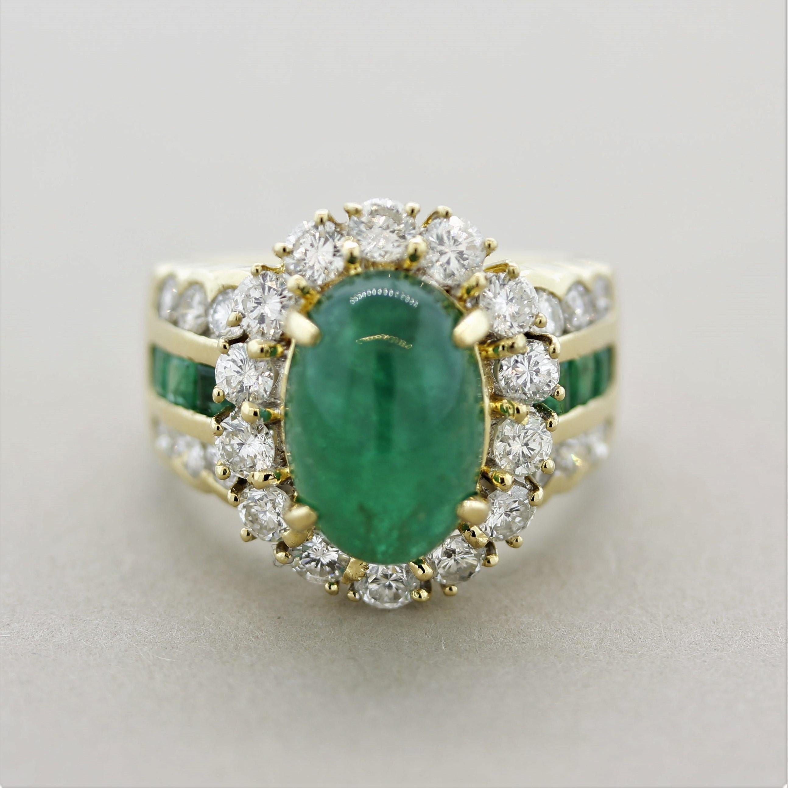 Bright green over 18k yellow gold! This beautifully made ring features a 4.77 carat cabochon emerald with lovely green color. It is accented by 1.80 carats of round brilliant-cut diamonds which halo the center emerald as well as run down the sides