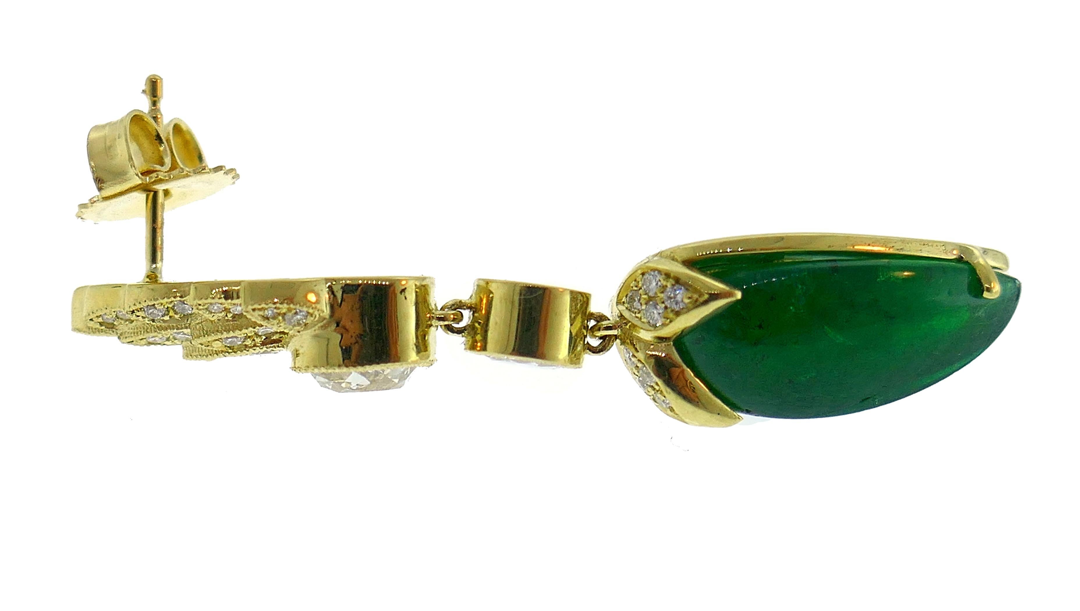 Modern Emerald Diamond Gold Dangle Drop Earrings