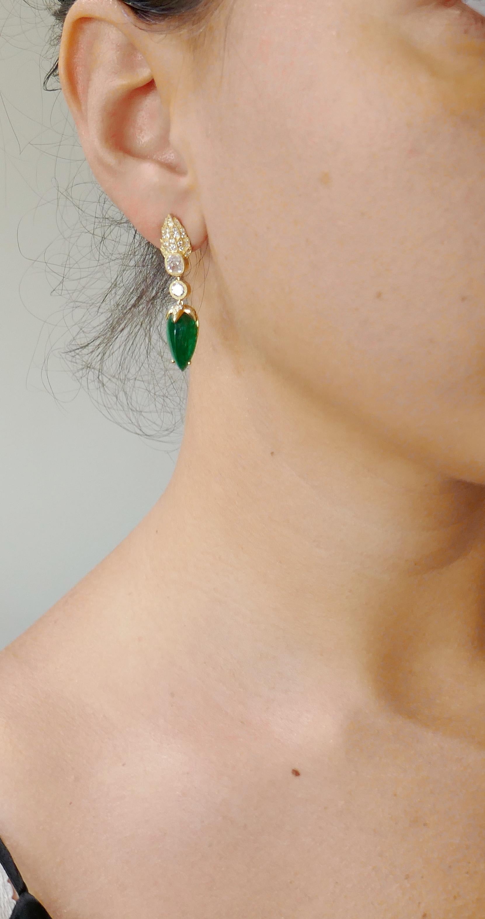 Emerald Diamond Gold Dangle Drop Earrings 1