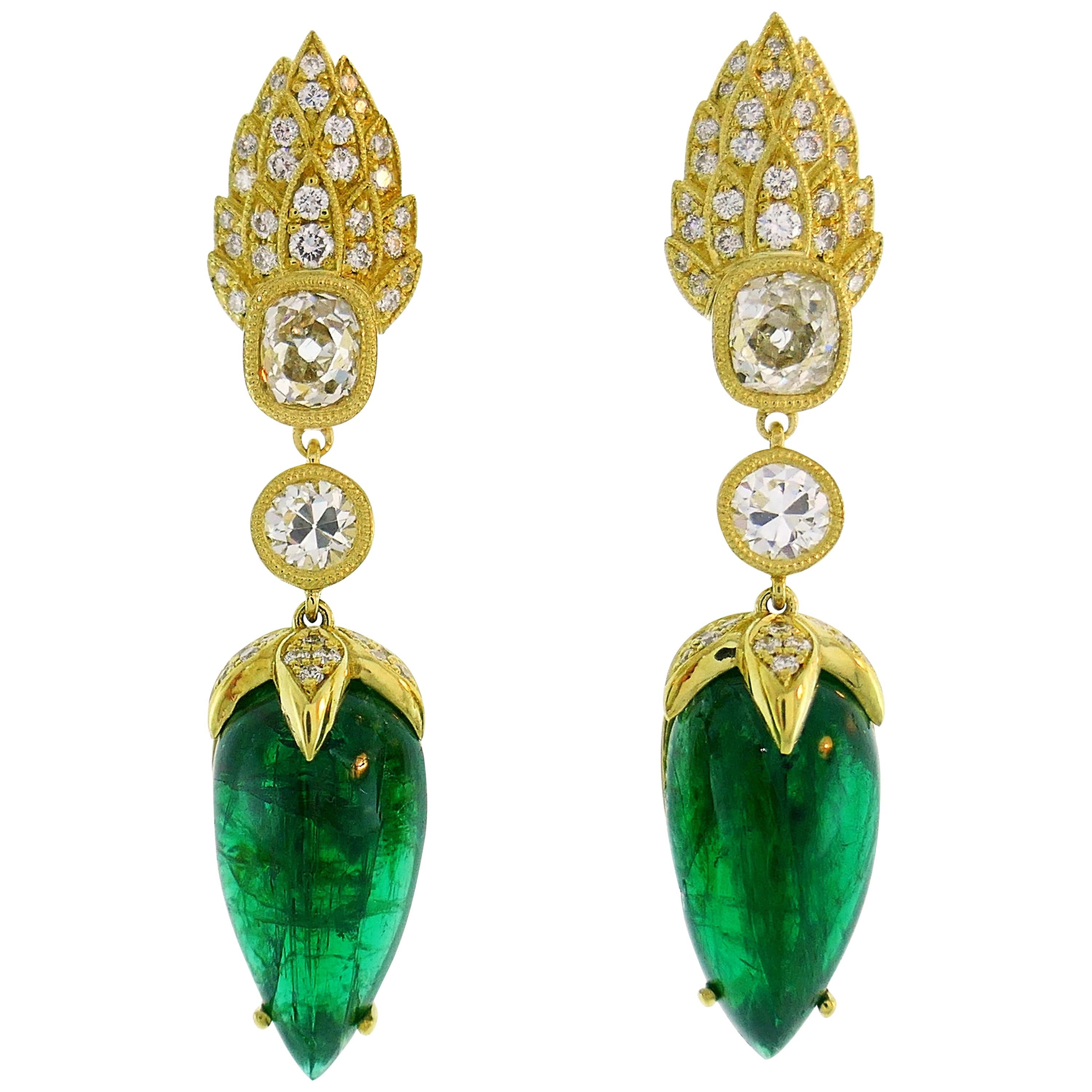 Emerald Diamond Gold Dangle Drop Earrings