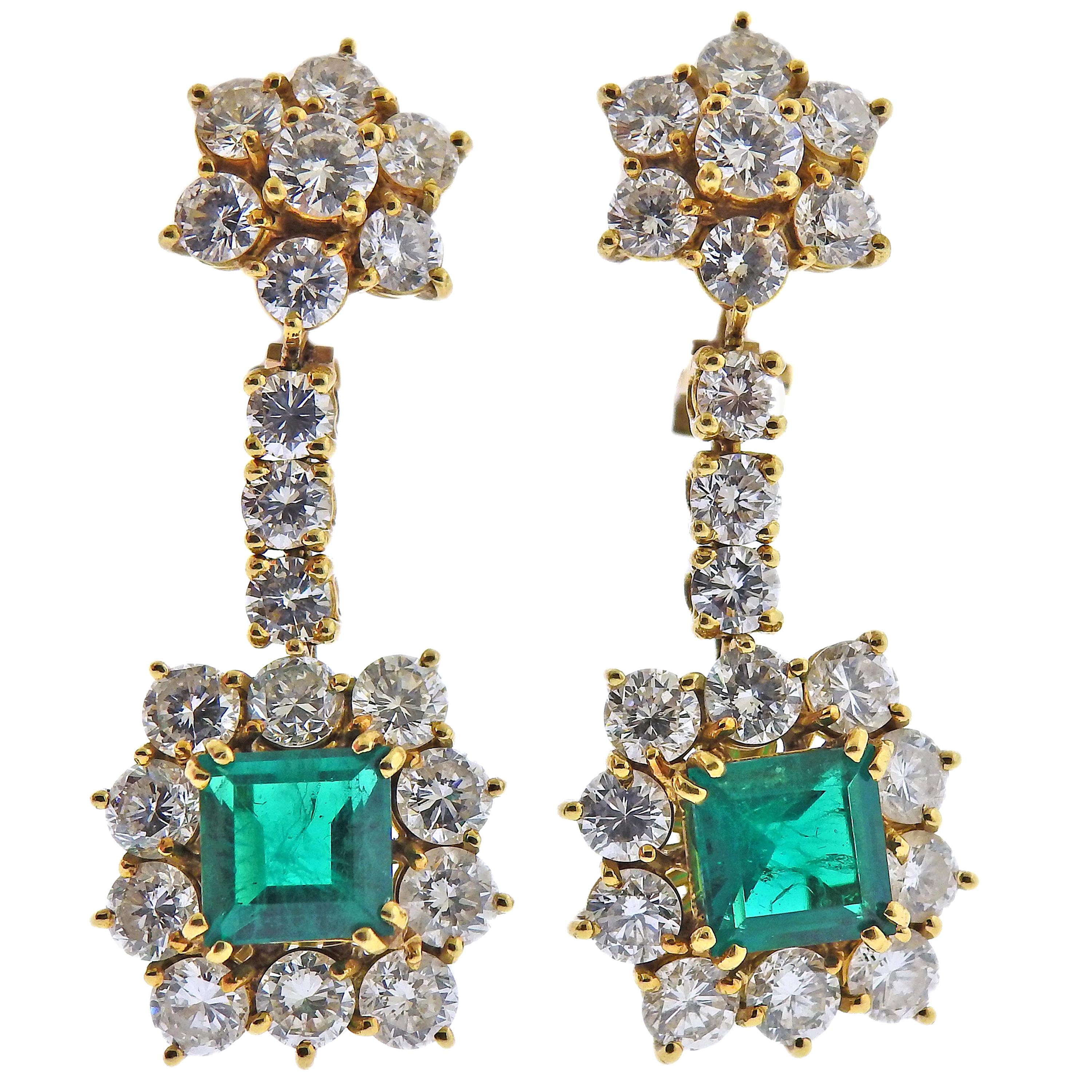 Emerald Diamond Gold Drop Cocktail Earrings For Sale