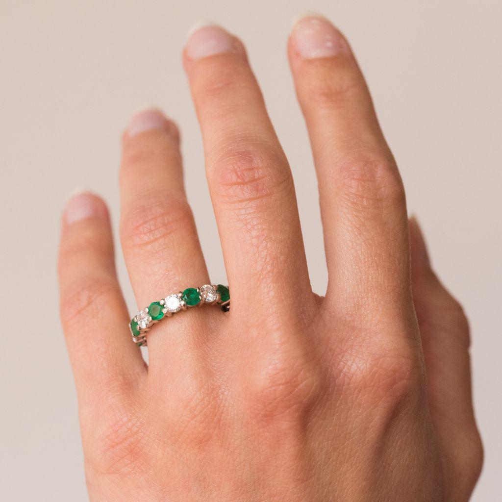 Modern Emerald Diamond Gold Eternity Ring For Sale