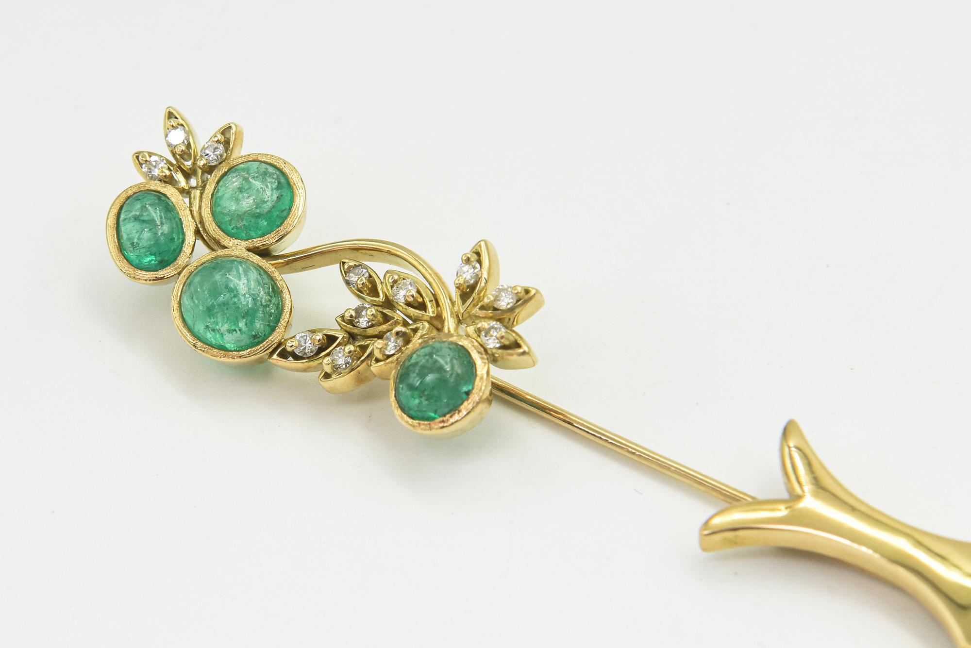 Women's or Men's Emerald Diamond Gold Fish Jabot Pin Brooch For Sale