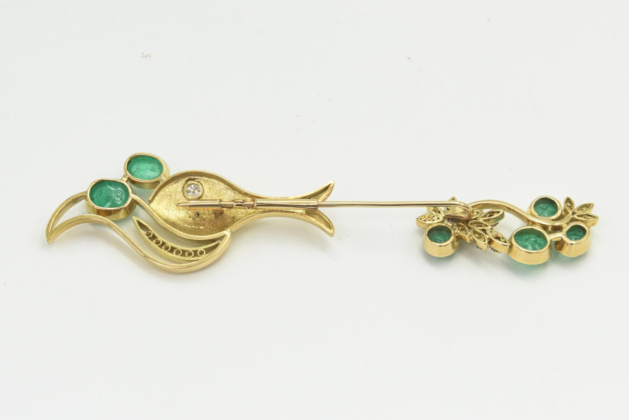 Emerald Diamond Gold Fish Jabot Pin Brooch For Sale 1