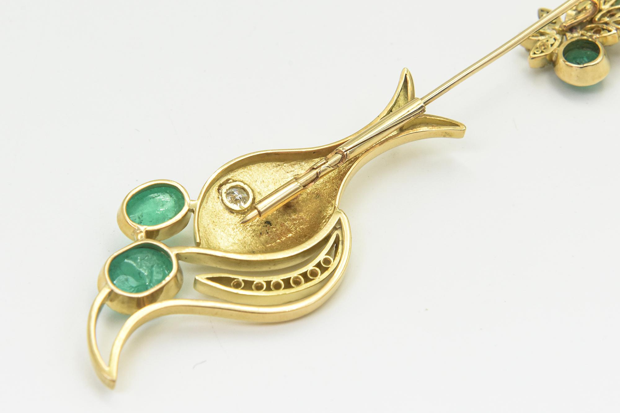 Emerald Diamond Gold Fish Jabot Pin Brooch For Sale 2