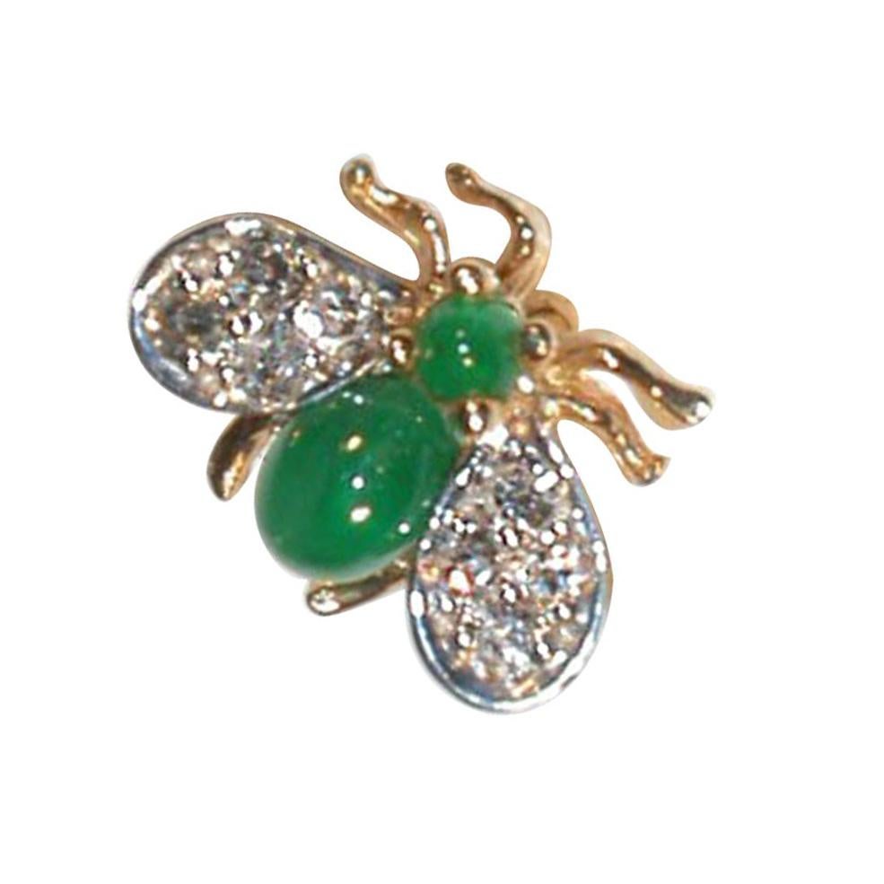 Beautiful Fly Pin Brooch; Hand crafted in 14k with Cabochon-Emerald Body and Diamond set Wings.
**This item also available with Ruby, Sapphire or Gold body and head.**