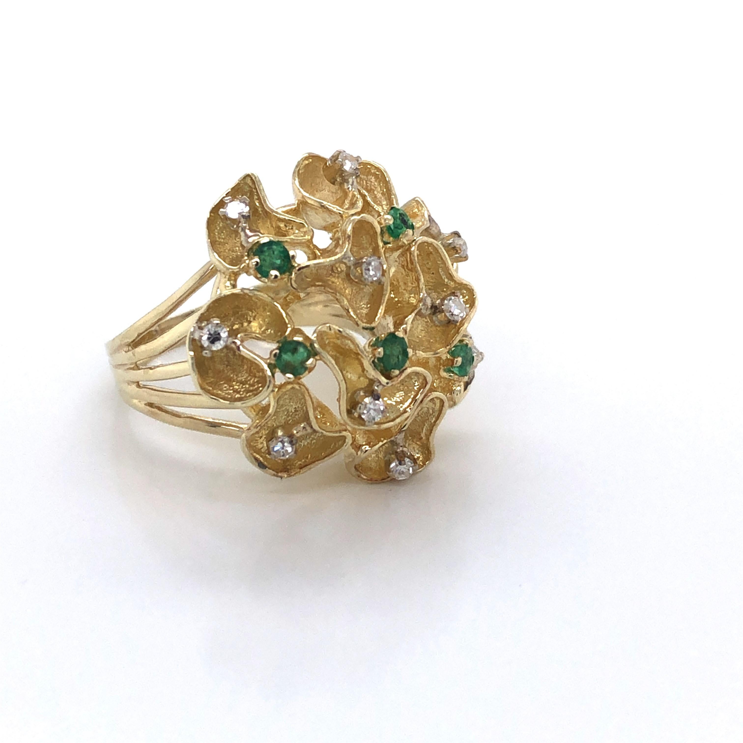 Emerald Diamond Gold Lace Cluster Cocktail Ring For Sale 5