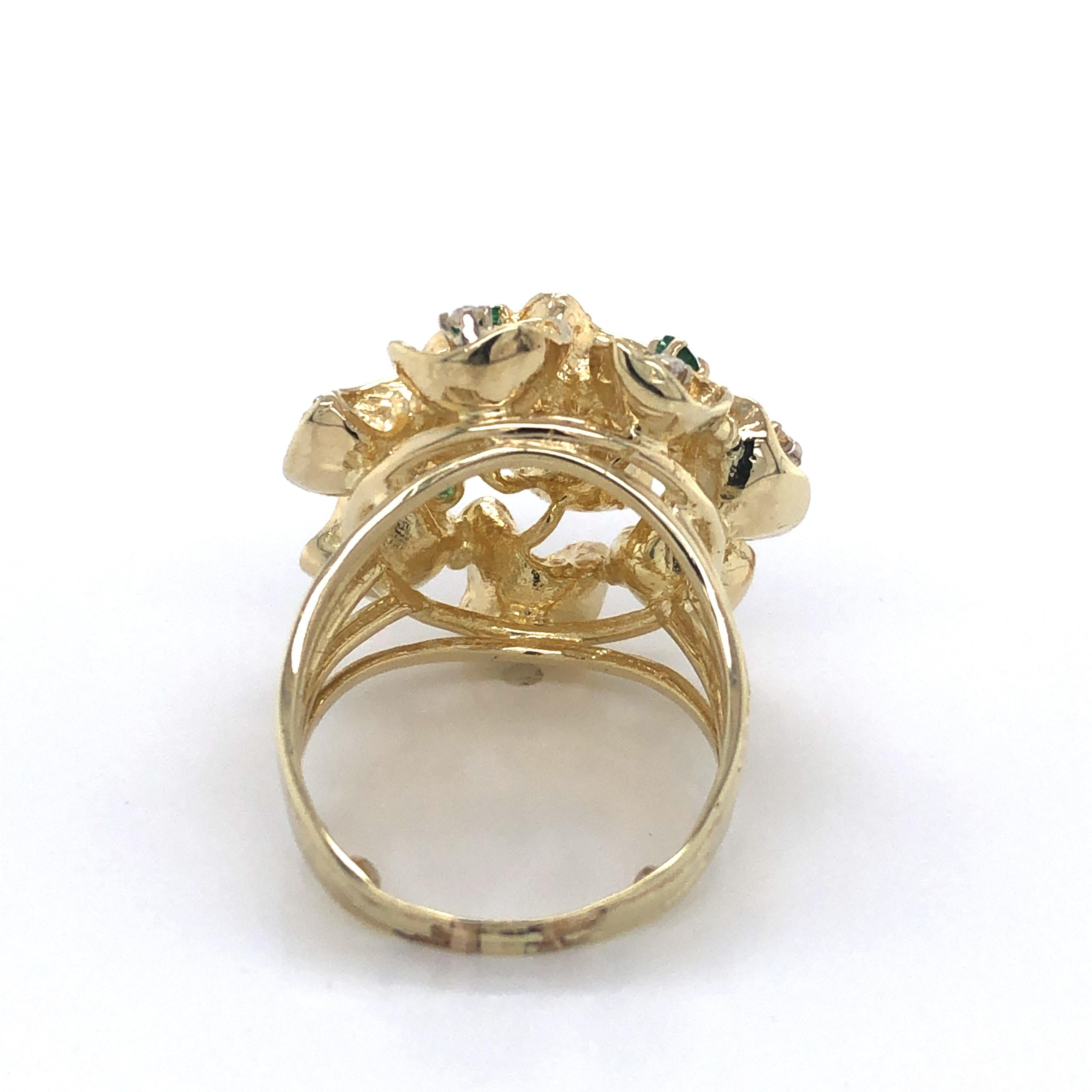 Women's Emerald Diamond Gold Lace Cluster Cocktail Ring For Sale