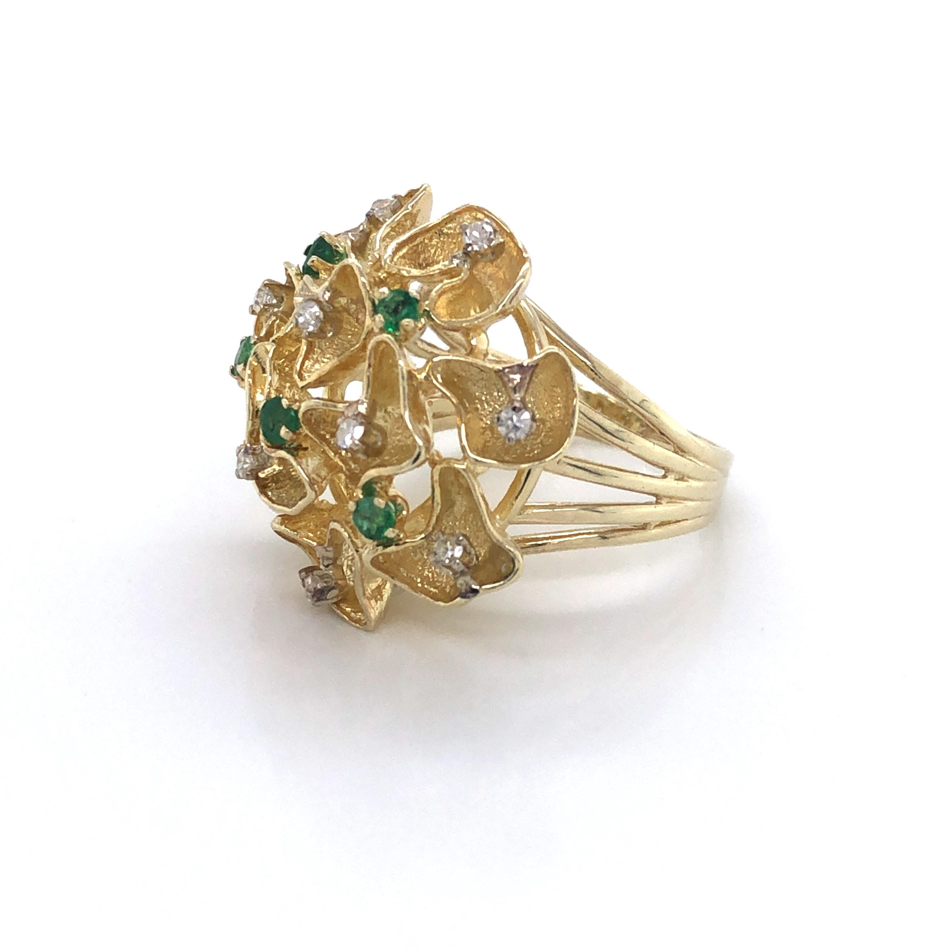 Emerald Diamond Gold Lace Cluster Cocktail Ring For Sale 1