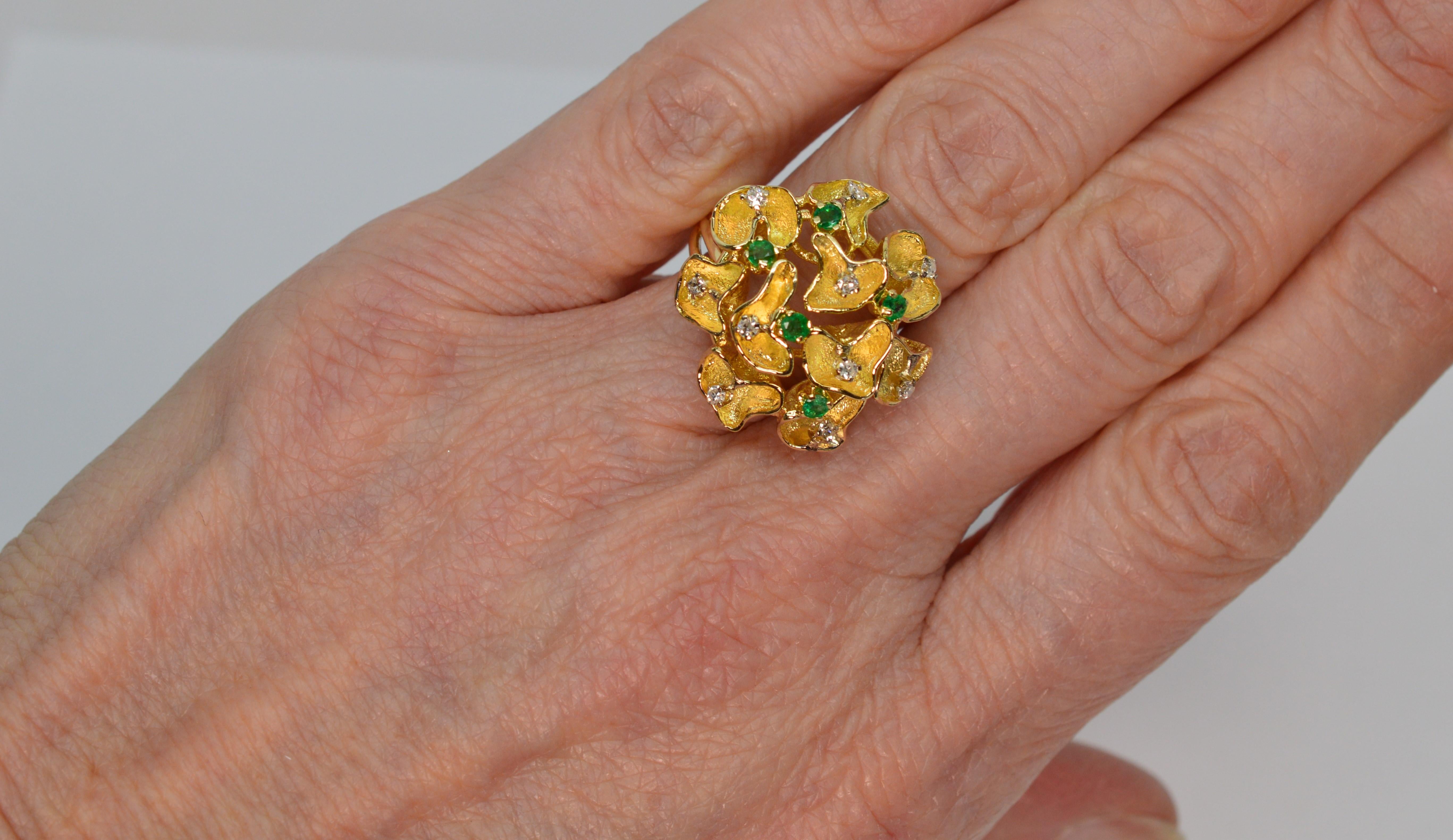 Emerald Diamond Gold Lace Cluster Cocktail Ring For Sale 2