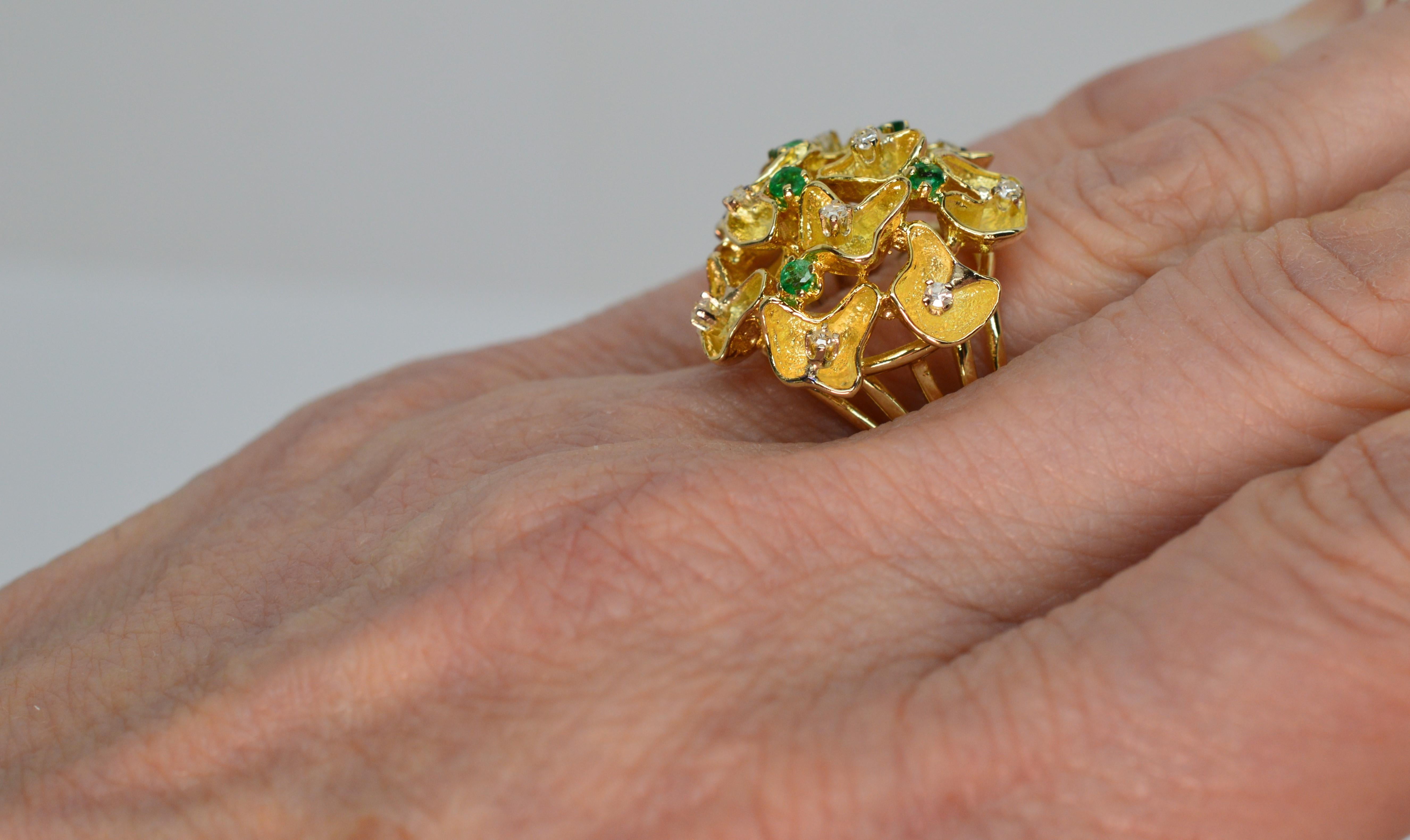 Emerald Diamond Gold Lace Cluster Cocktail Ring For Sale 3