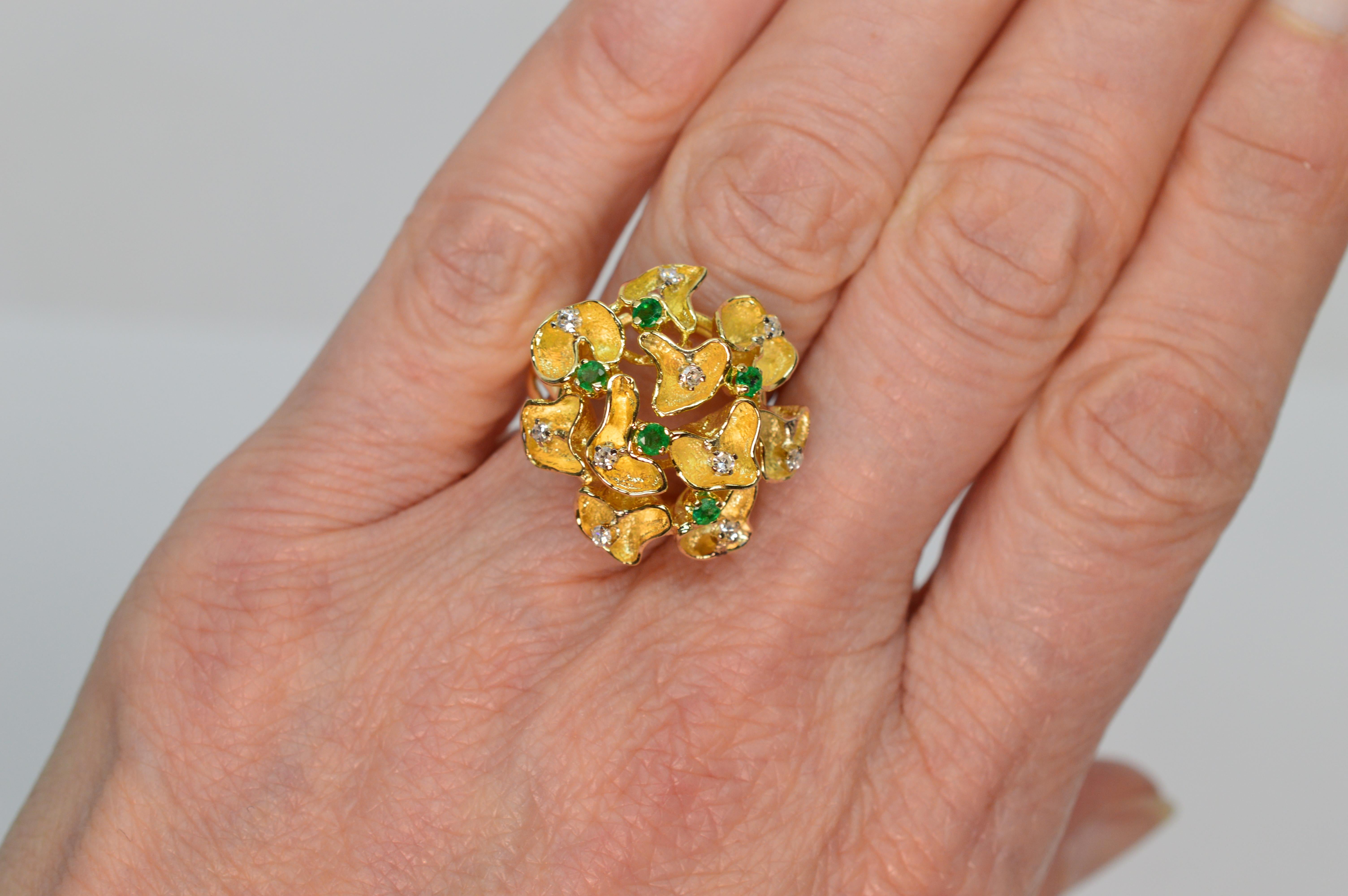 Emerald Diamond Gold Lace Cluster Cocktail Ring For Sale 4