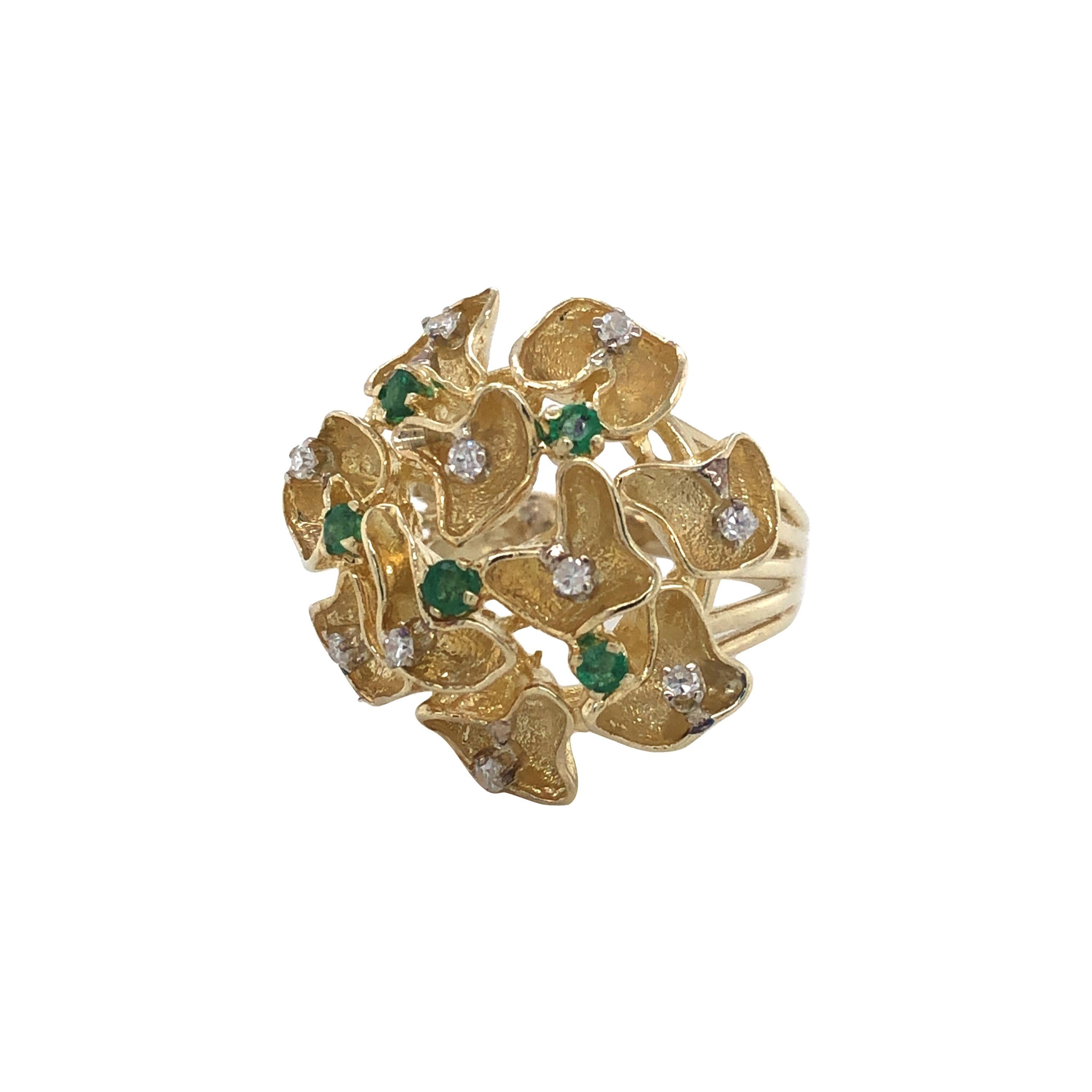 Emerald Diamond Gold Lace Cluster Cocktail Ring For Sale