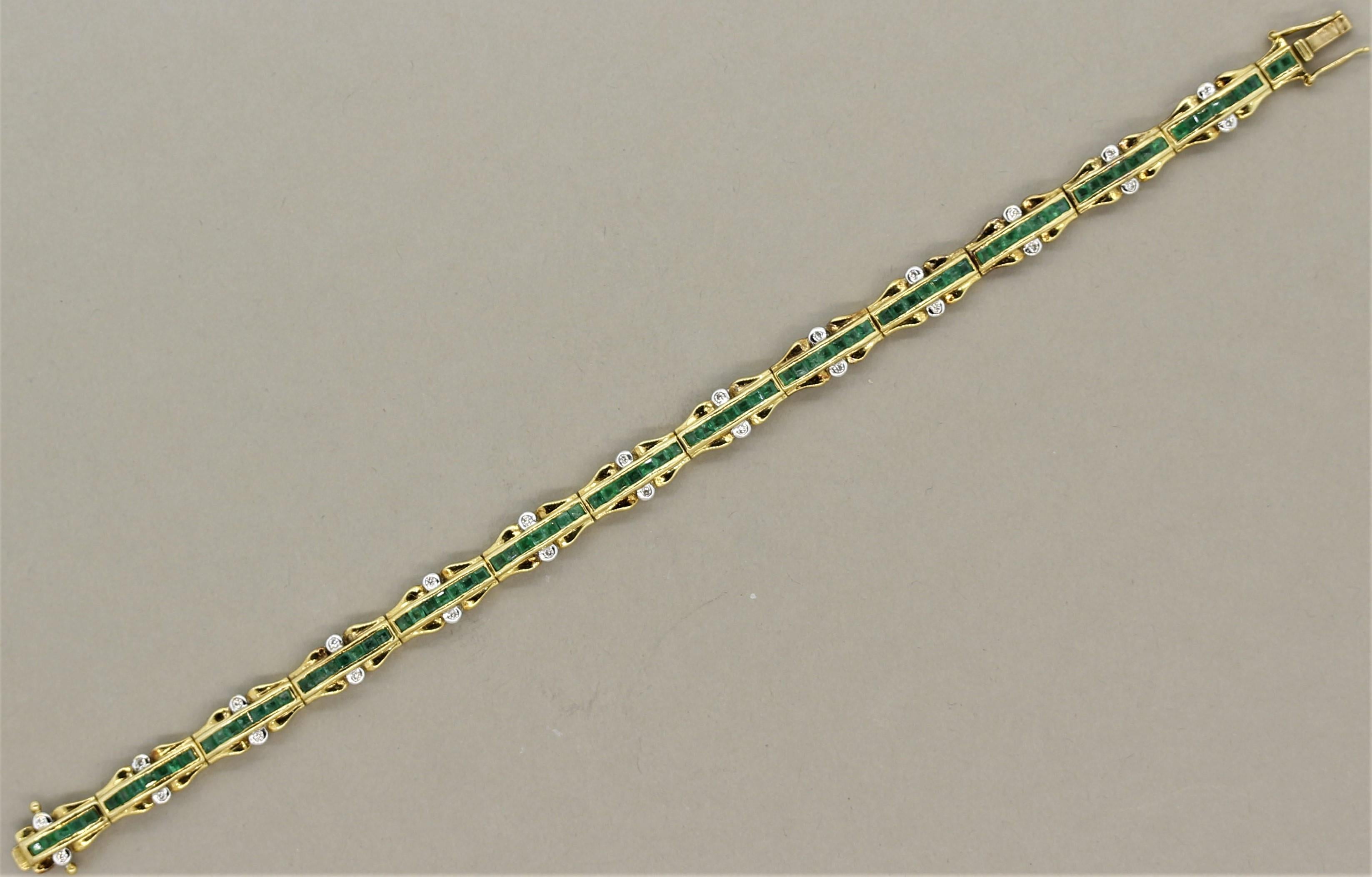 A sweet and stylish gold bracelet featuring approximately 5.00 carats of square shaped emeralds and round brilliant cut diamonds. The emeralds are channel set in the center of the links and accented by 2 bezel set diamonds. Made in 18k yellow gold