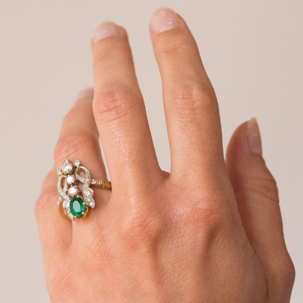 Emerald Diamond Gold Platinum Ring In New Condition In Poitiers, FR