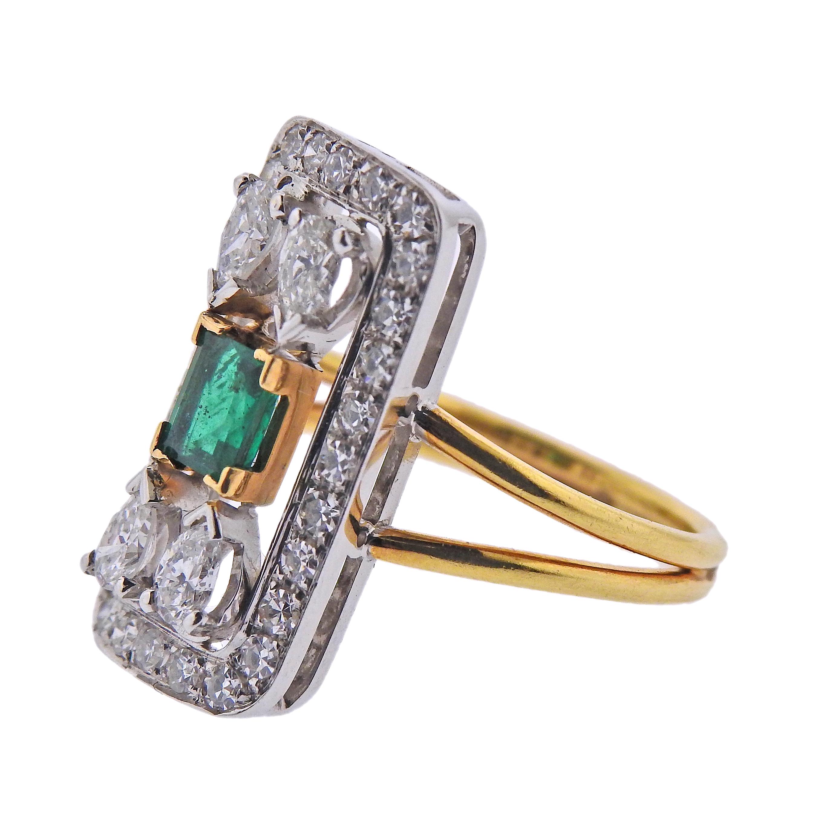 18k white and yellow gold ring, with once center 5 x 4.15mm emerald, surrounded with pearl and round cut diamonds - total approx. 1.00ctw in diamonds. Ring size - 6, ring top - 21mm x 11mm. Weight - 5.4 grams.
