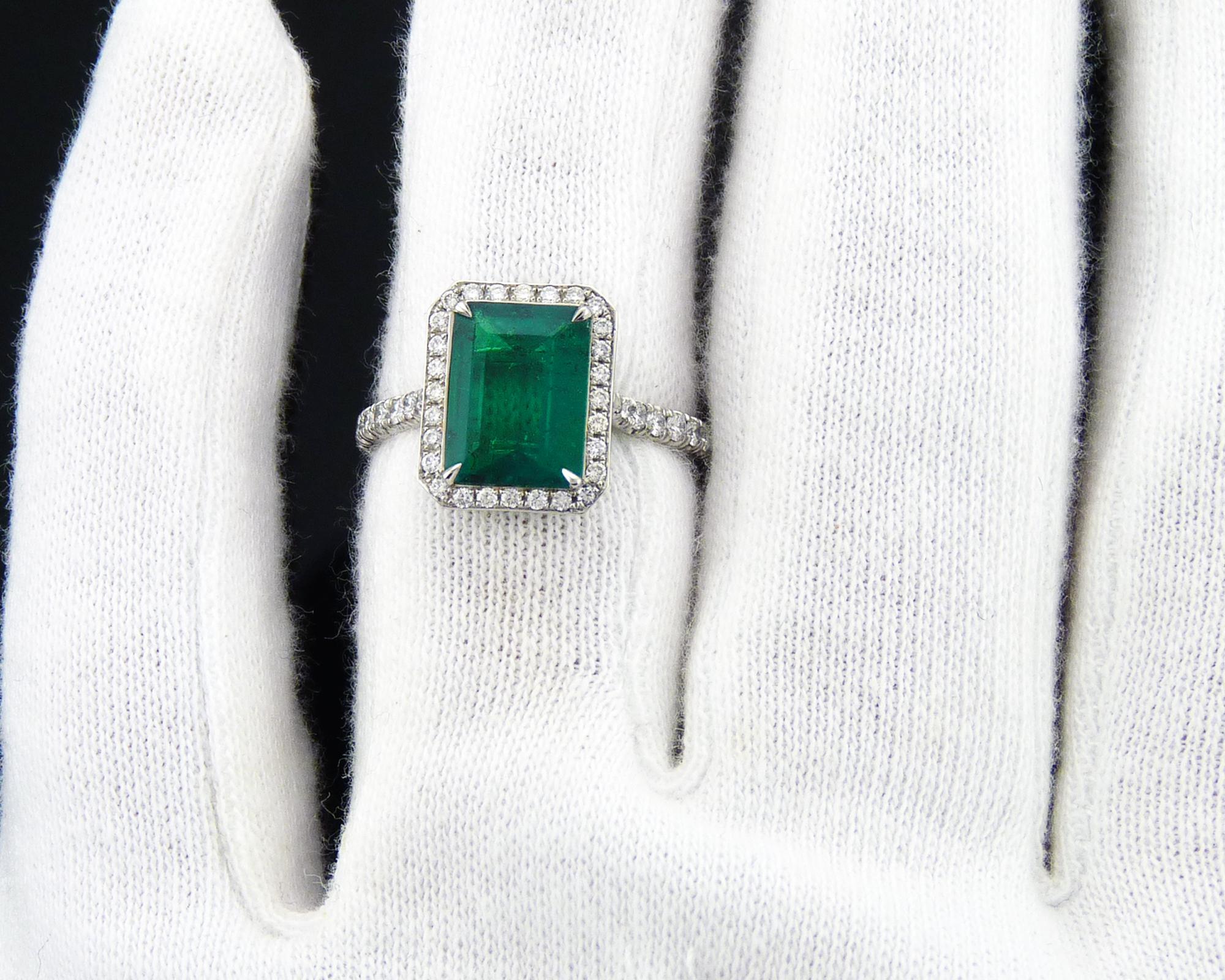 Emerald Cut Spectra Fine Jewelry GRS Certified Colombian Emerald Diamond Cocktail Ring