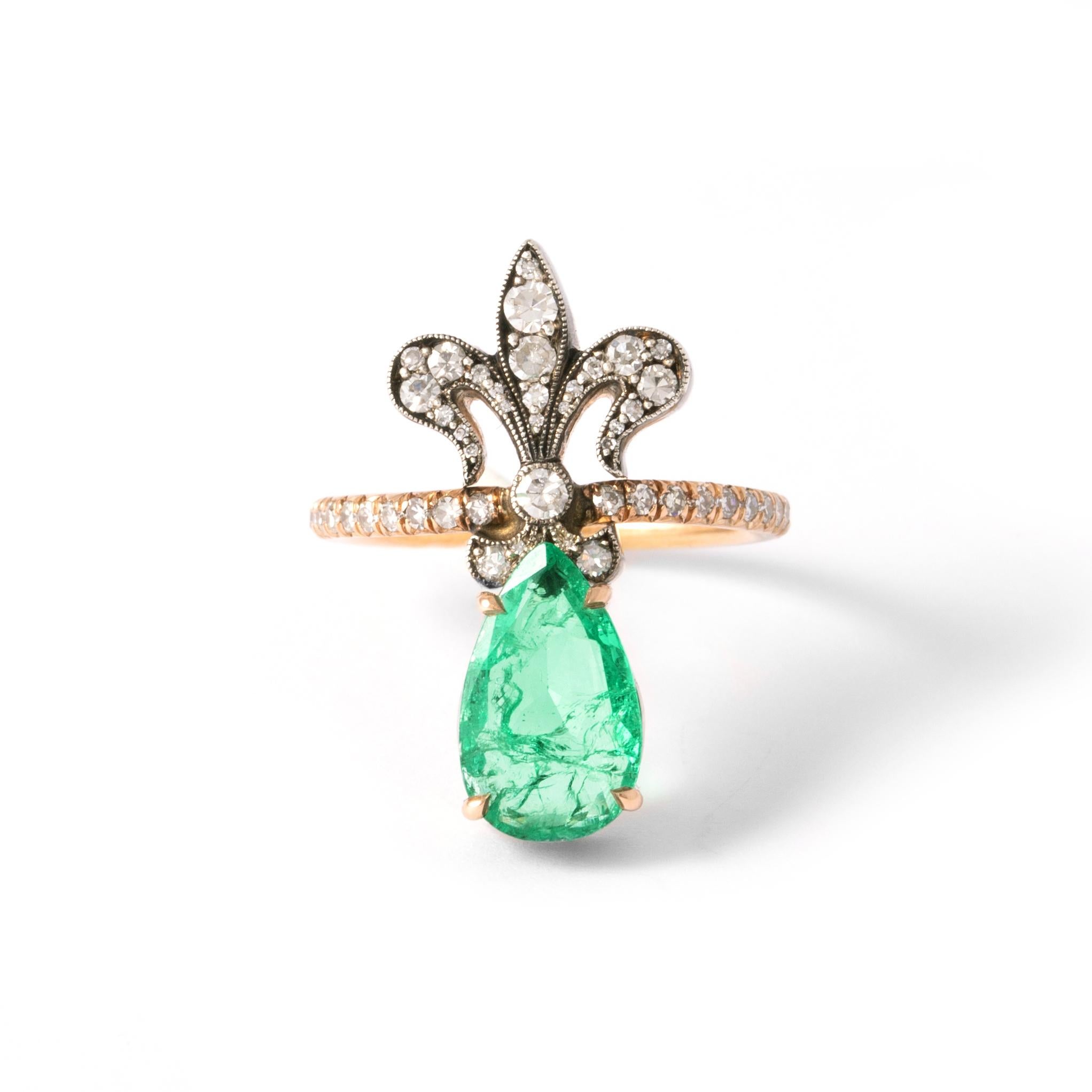 Gothic Revival Emerald Diamond Gold Ring For Sale