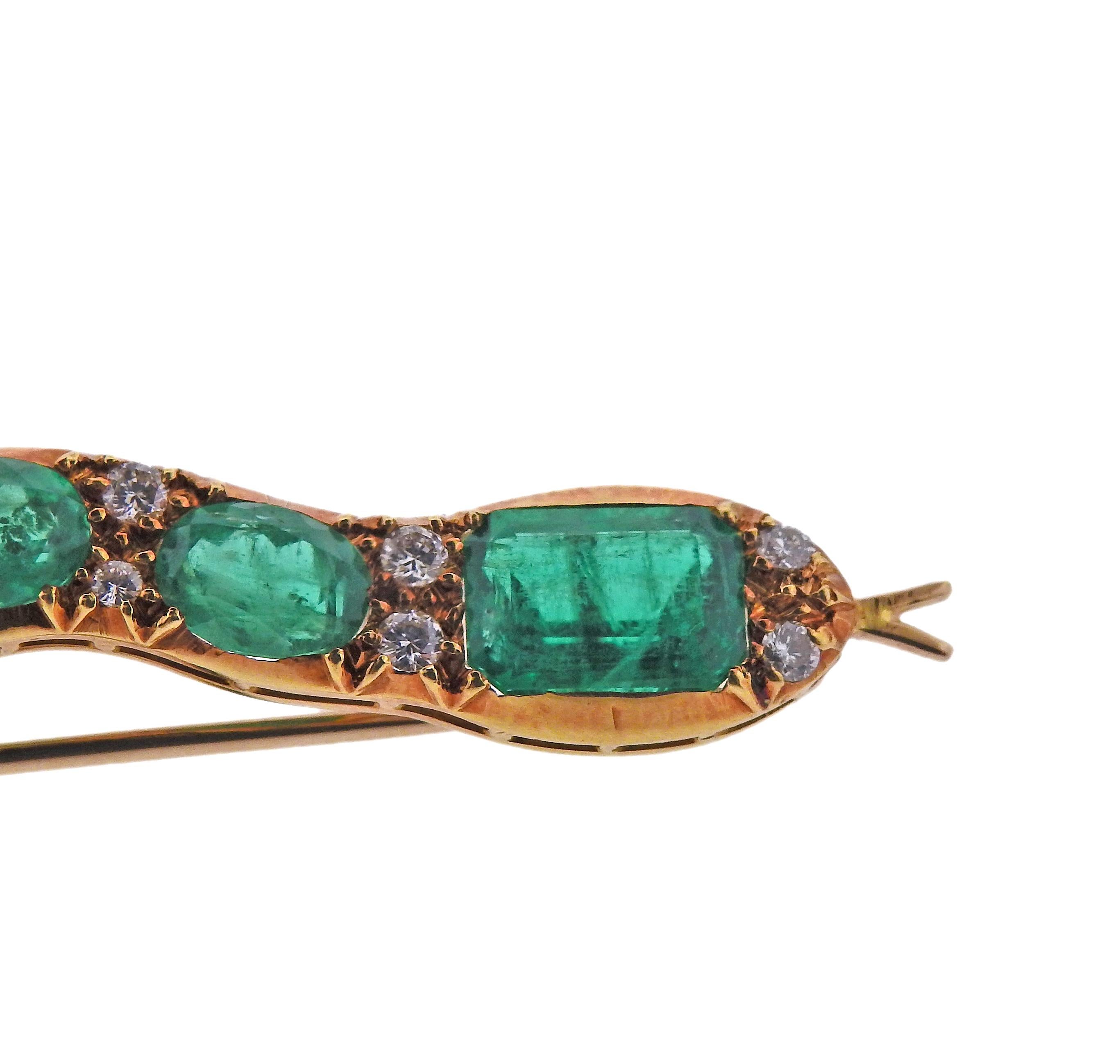 Emerald Cut Emerald Diamond Gold Snake Brooch Pin For Sale