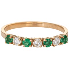 Emerald Diamond Half Hoop Band Vintage 14 Karat Yellow Gold Stacking Ring