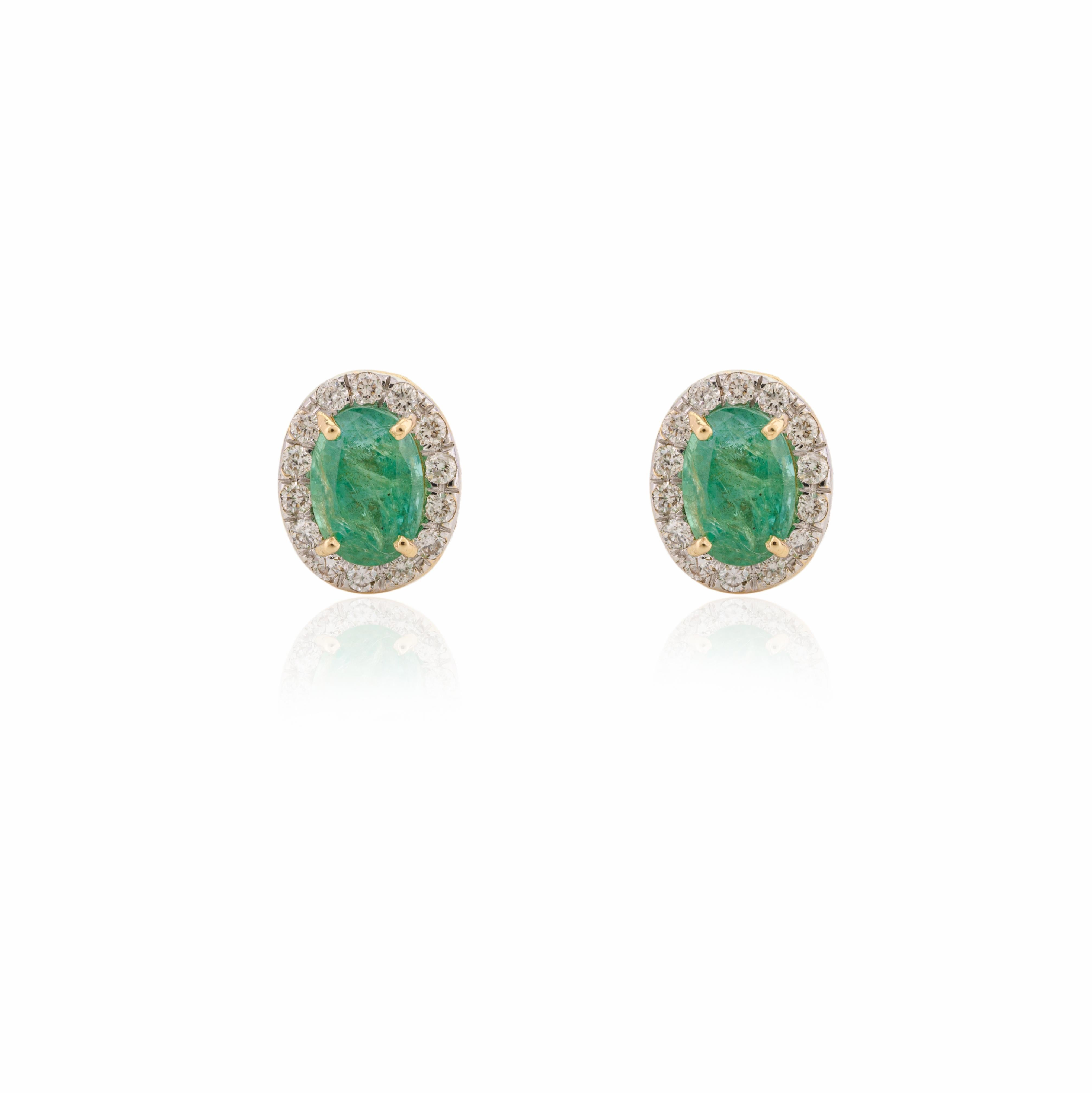 Art Deco Emerald Diamond Halo 14 Karat Yellow Gold Everyday Oval Stud Earrings for Her For Sale