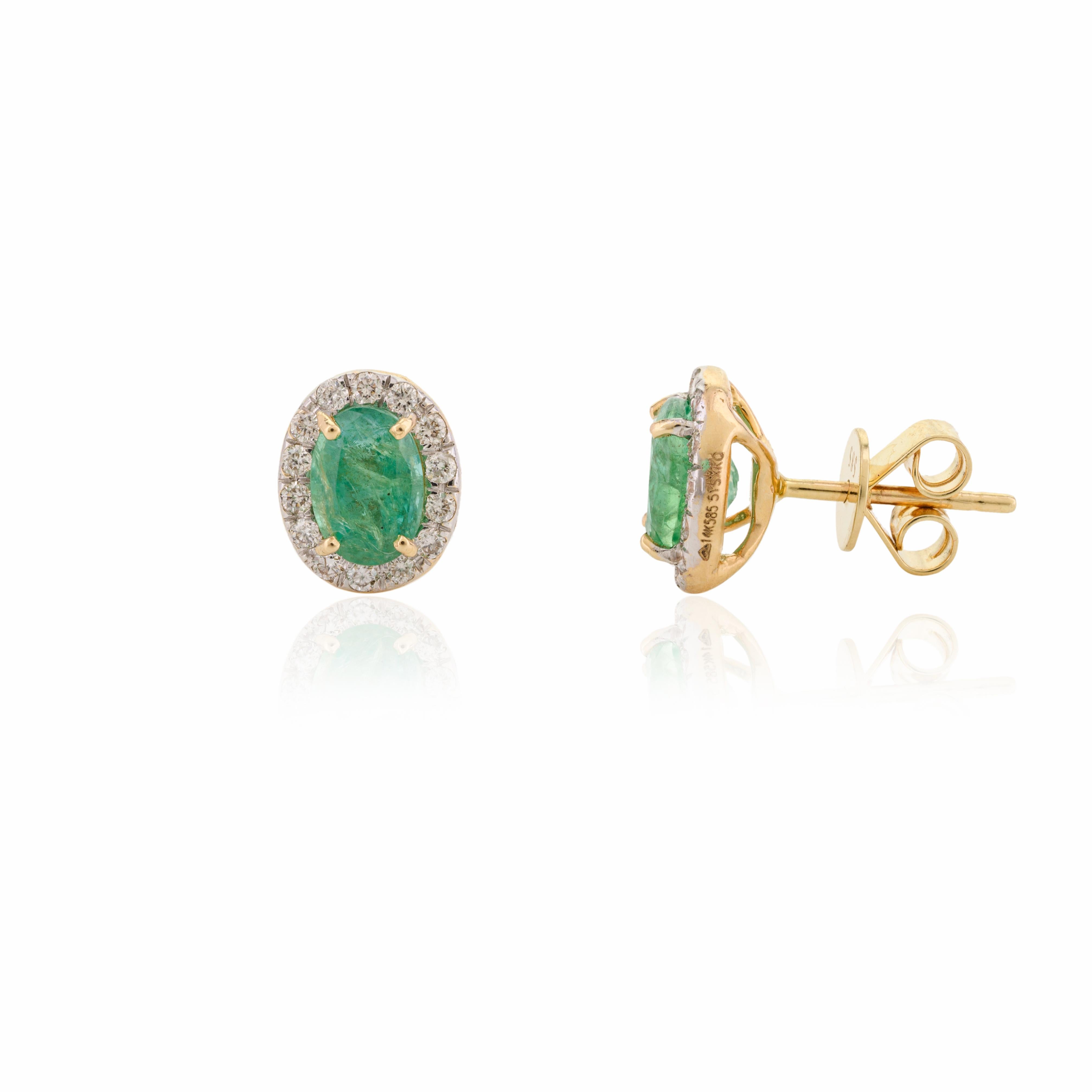 Women's Emerald Diamond Halo 14 Karat Yellow Gold Everyday Oval Stud Earrings for Her For Sale