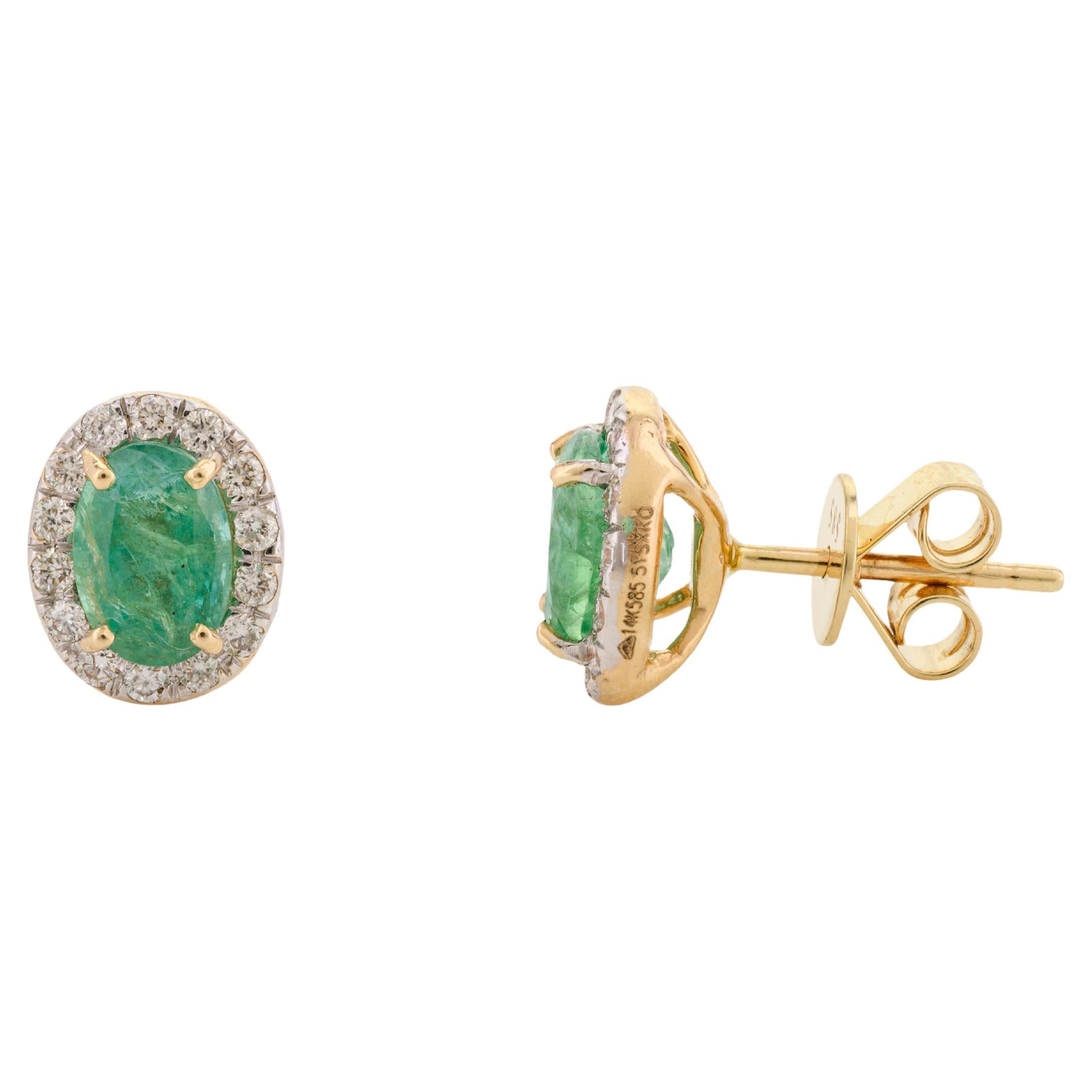 Emerald Diamond Halo 14 Karat Yellow Gold Everyday Oval Stud Earrings for Her For Sale
