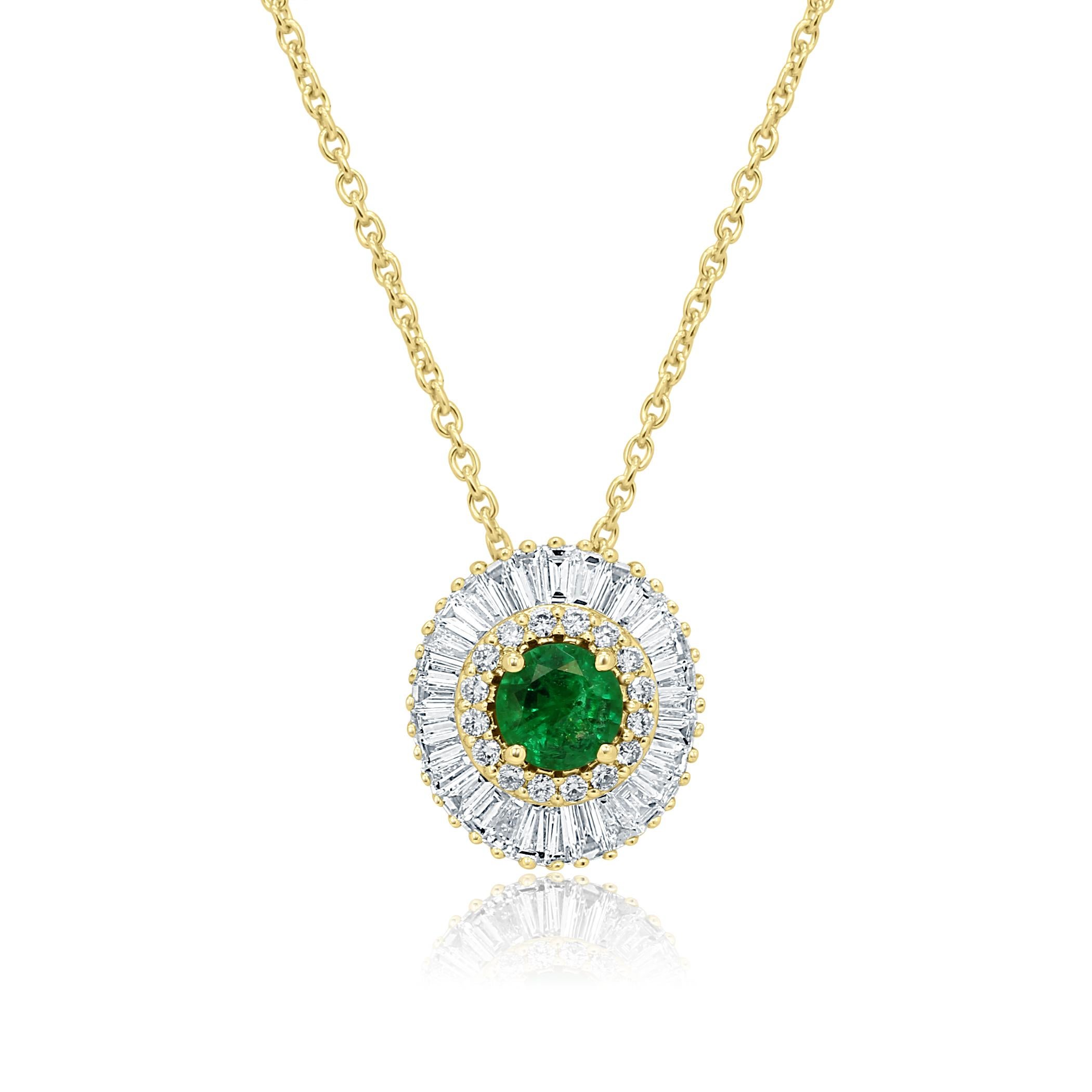 Emerald round 0.44 Carat Encircled in Double Halo of Colorless  G-H Round Brilliant VS SI clarity 0.11 Carat and Colorless Diamond Baguettes VS clarity 0.46 Carat in 14K Yellow Gold  Art Deco Ballerina Fashion Pendant Chain Necklace.

Total Stone