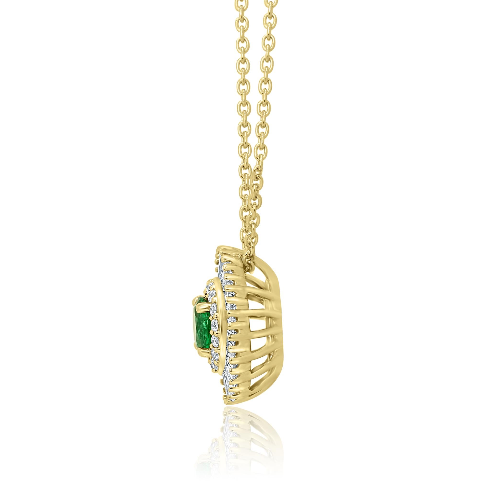 Round Cut Emerald Diamond Halo 14K Gold Ballerina Art Deco Style Pendant Chain Necklace