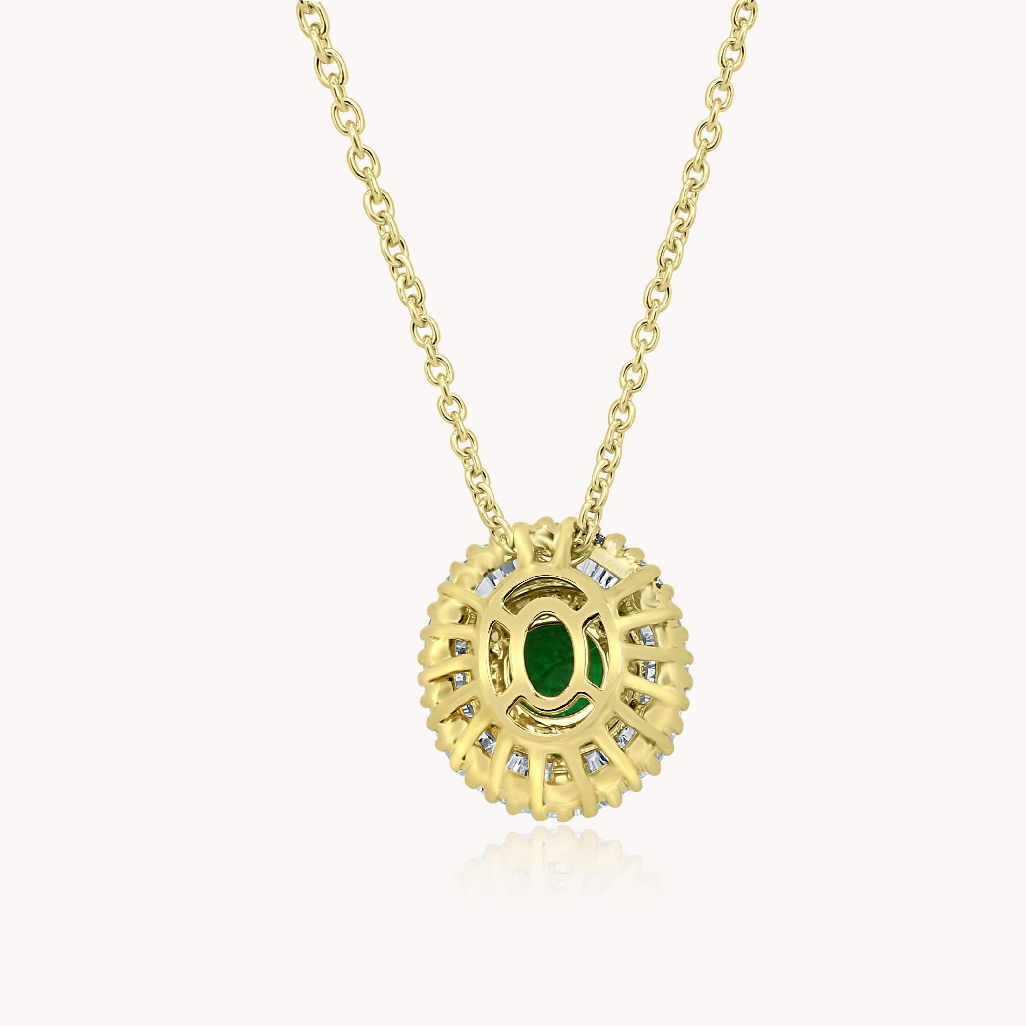 Emerald Diamond Halo 14K Gold Ballerina Art Deco Style Pendant Chain Necklace In New Condition In NEW YORK, NY