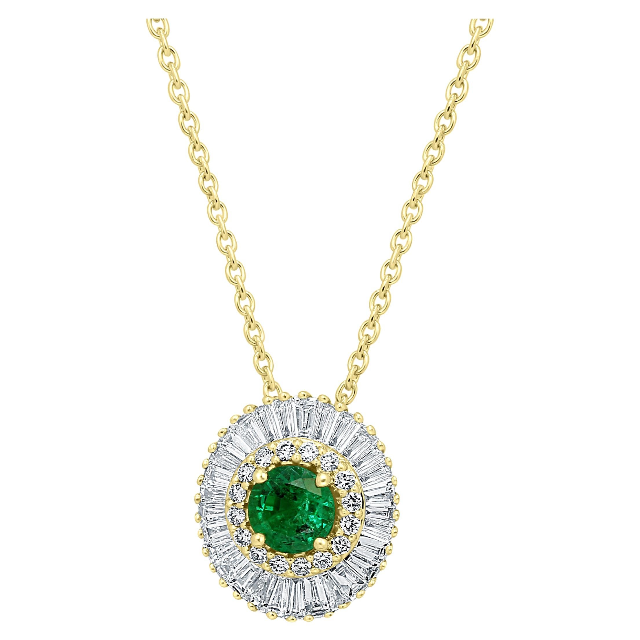 Emerald Diamond Halo 14K Gold Ballerina Art Deco Style Pendant Chain Necklace