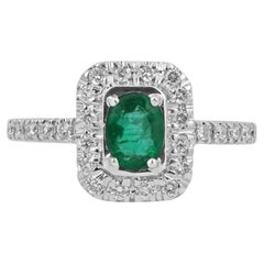 Emerald & Diamond Halo 18K Gold Engagement Ring - 1.05tcw Oval Cut