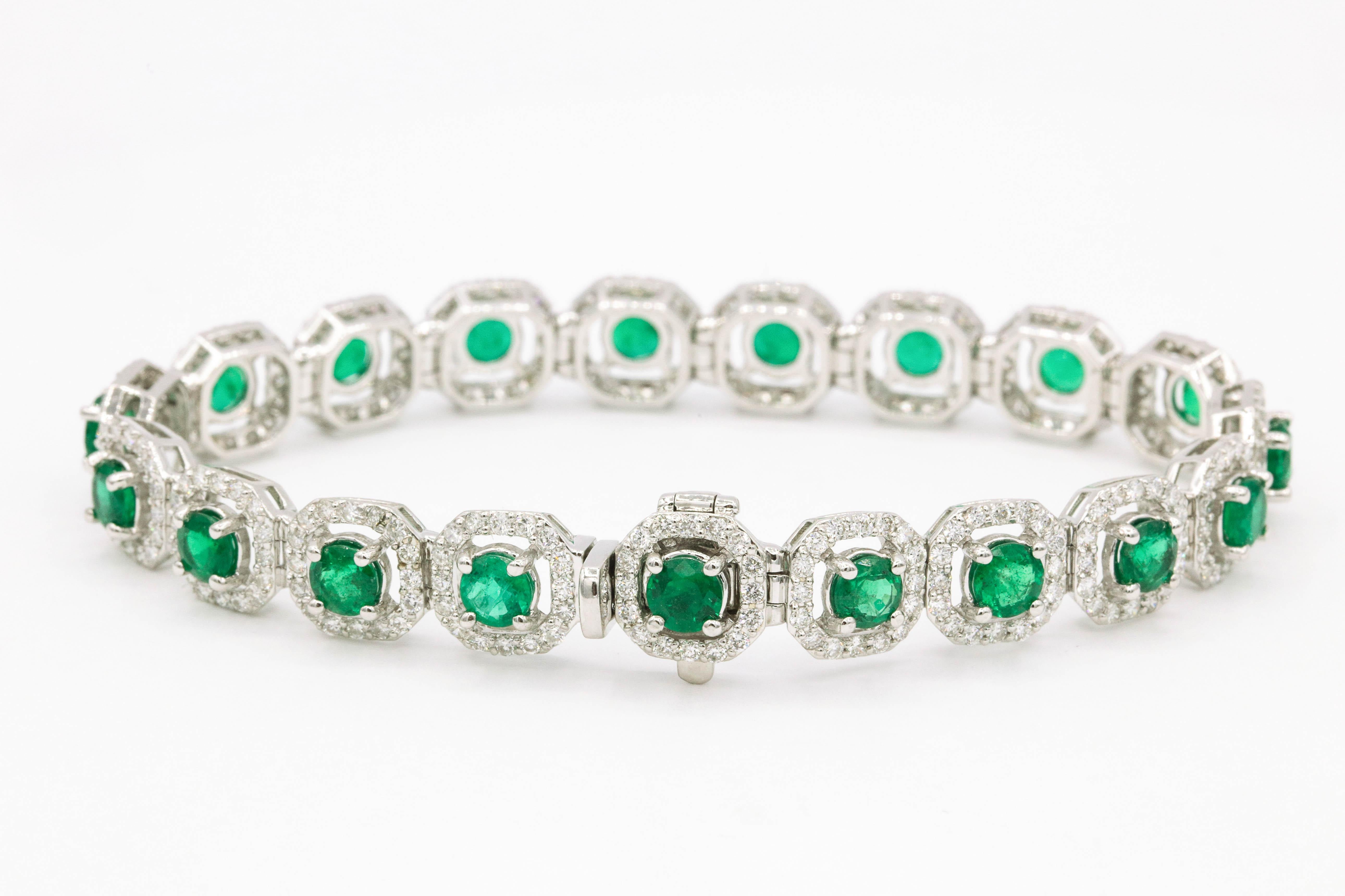 Round Cut Emerald Diamond Halo Bracelet 10.52 Carat 18 Karat White Gold