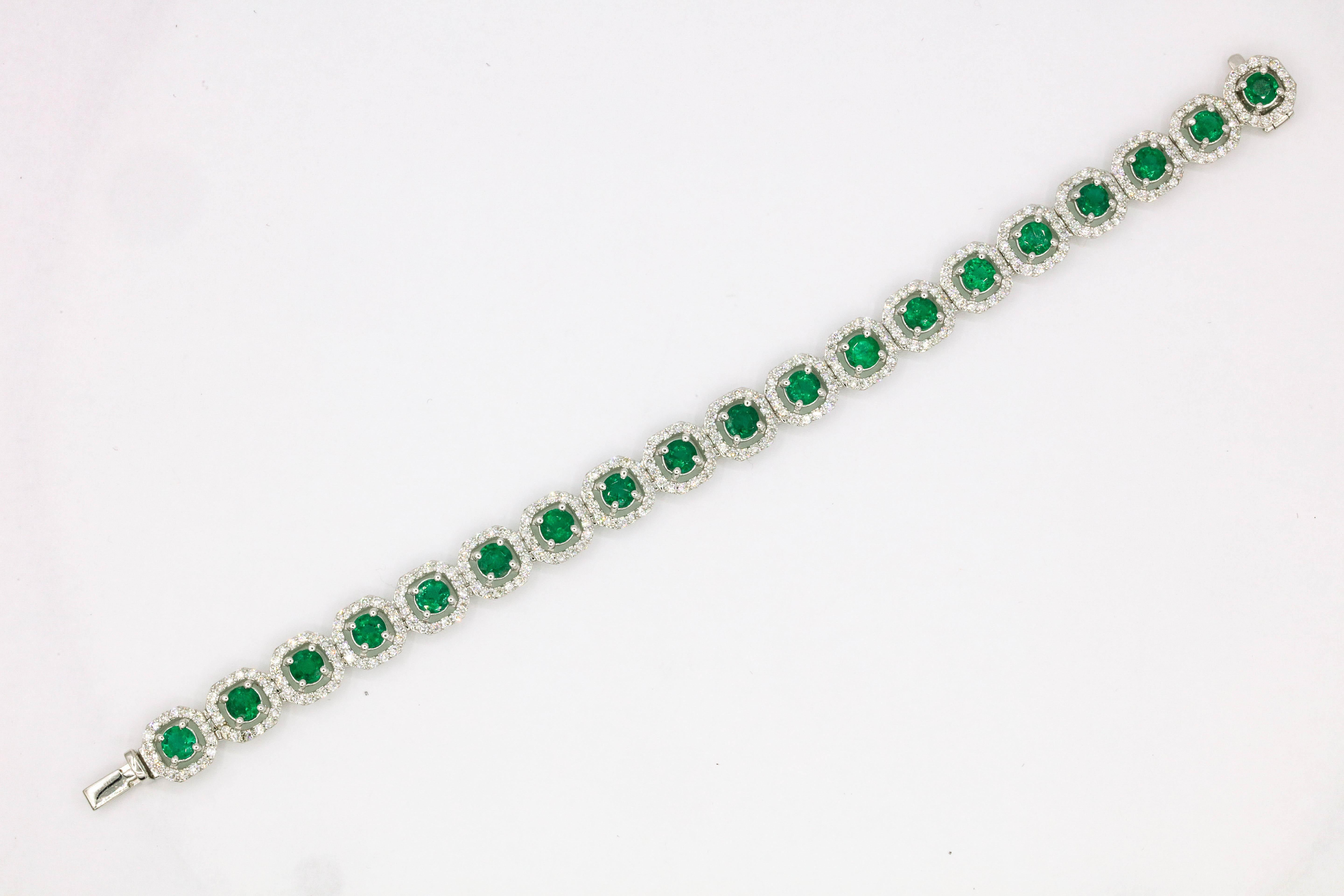 Women's Emerald Diamond Halo Bracelet 10.52 Carat 18 Karat White Gold