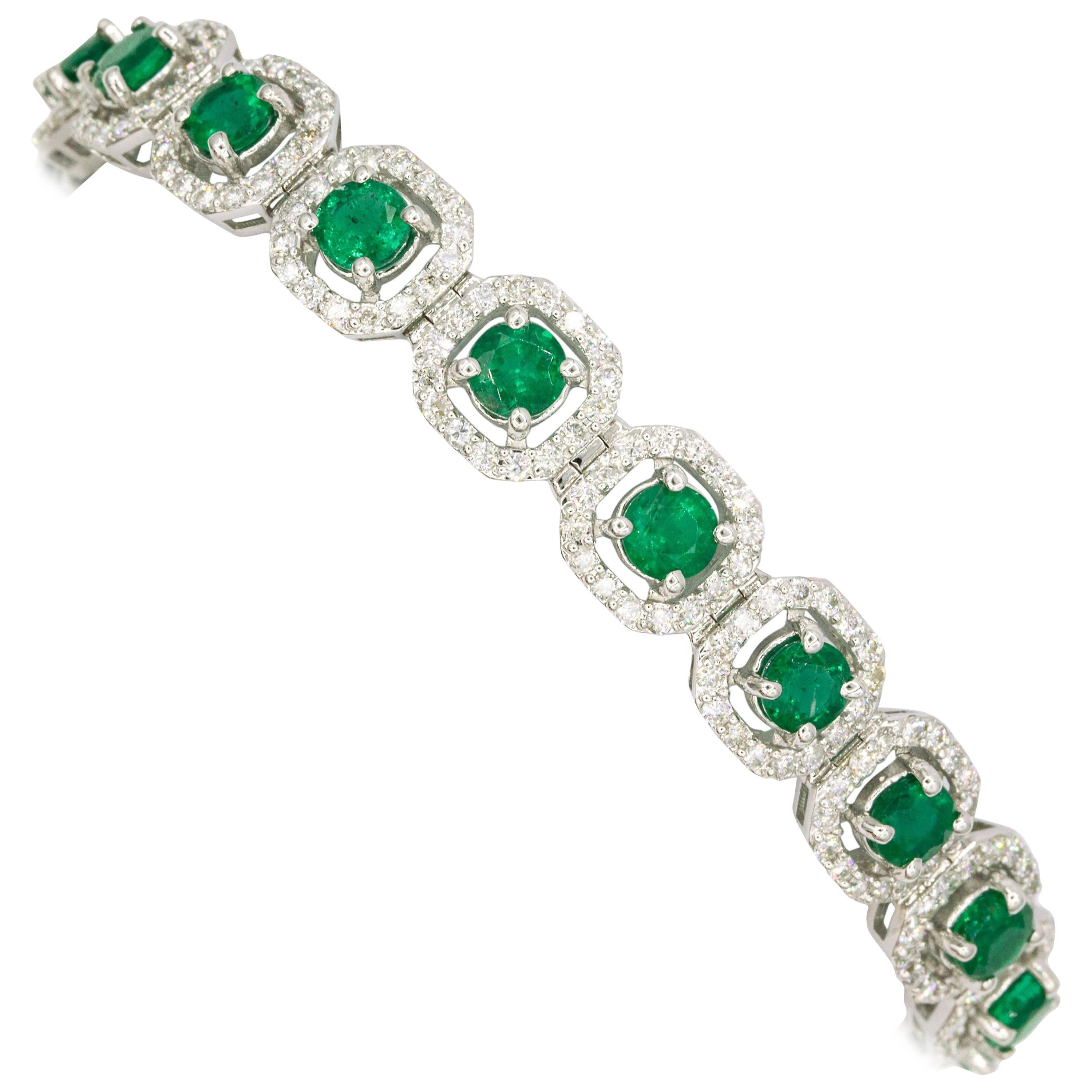 Emerald Diamond Halo Bracelet 10.52 Carat 18 Karat White Gold
