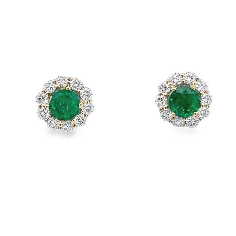 Modern Emerald & Diamond Halo Earrings 0.57ct D0.45ct 18K Yellow Gold For Sale