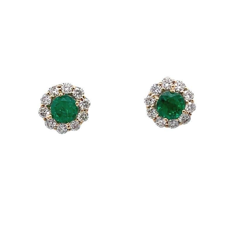 Emerald & Diamond Halo Earrings 0.57ct D0.45ct 18K Yellow Gold For Sale 1