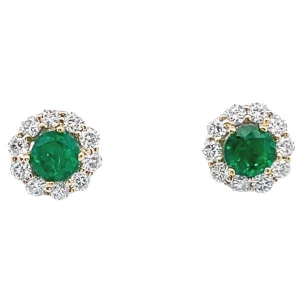 Emerald & Diamond Halo Earrings 0.57ct D0.45ct 18K Yellow Gold For Sale