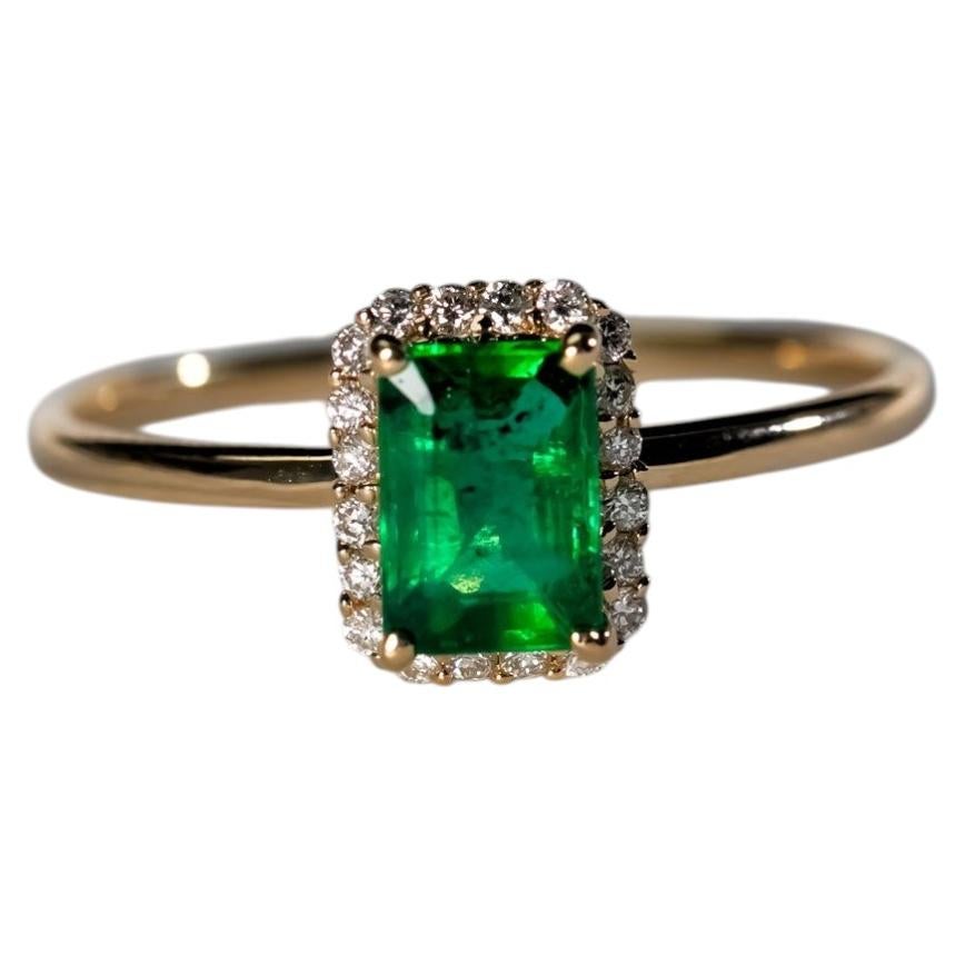 Emerald & Diamond Halo Engagement Ring in 14K Yellow Gold For Sale