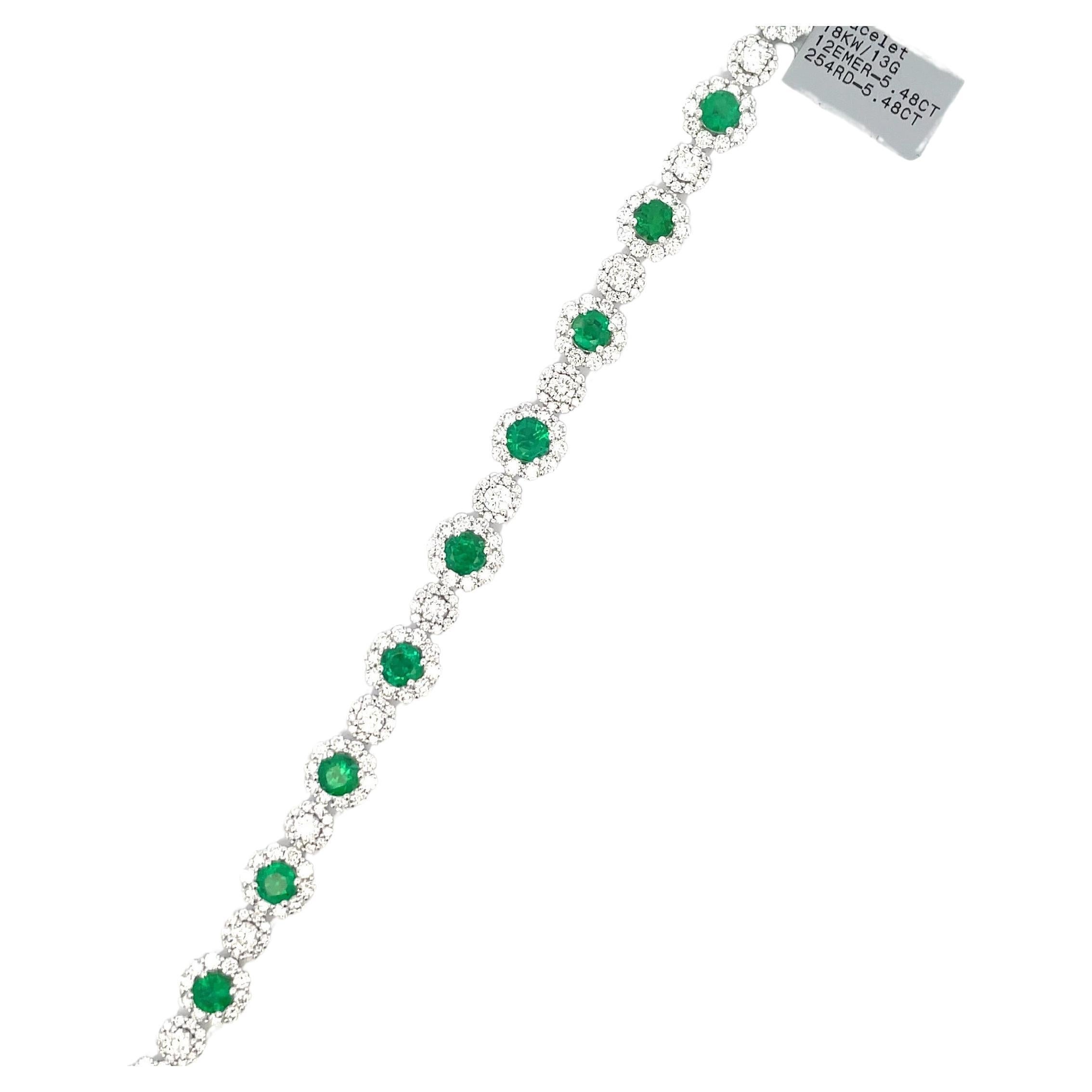 Round Cut Emerald Diamond Halo Floral Link Bracelet 10.96 Carats 18 Karat White Gold For Sale