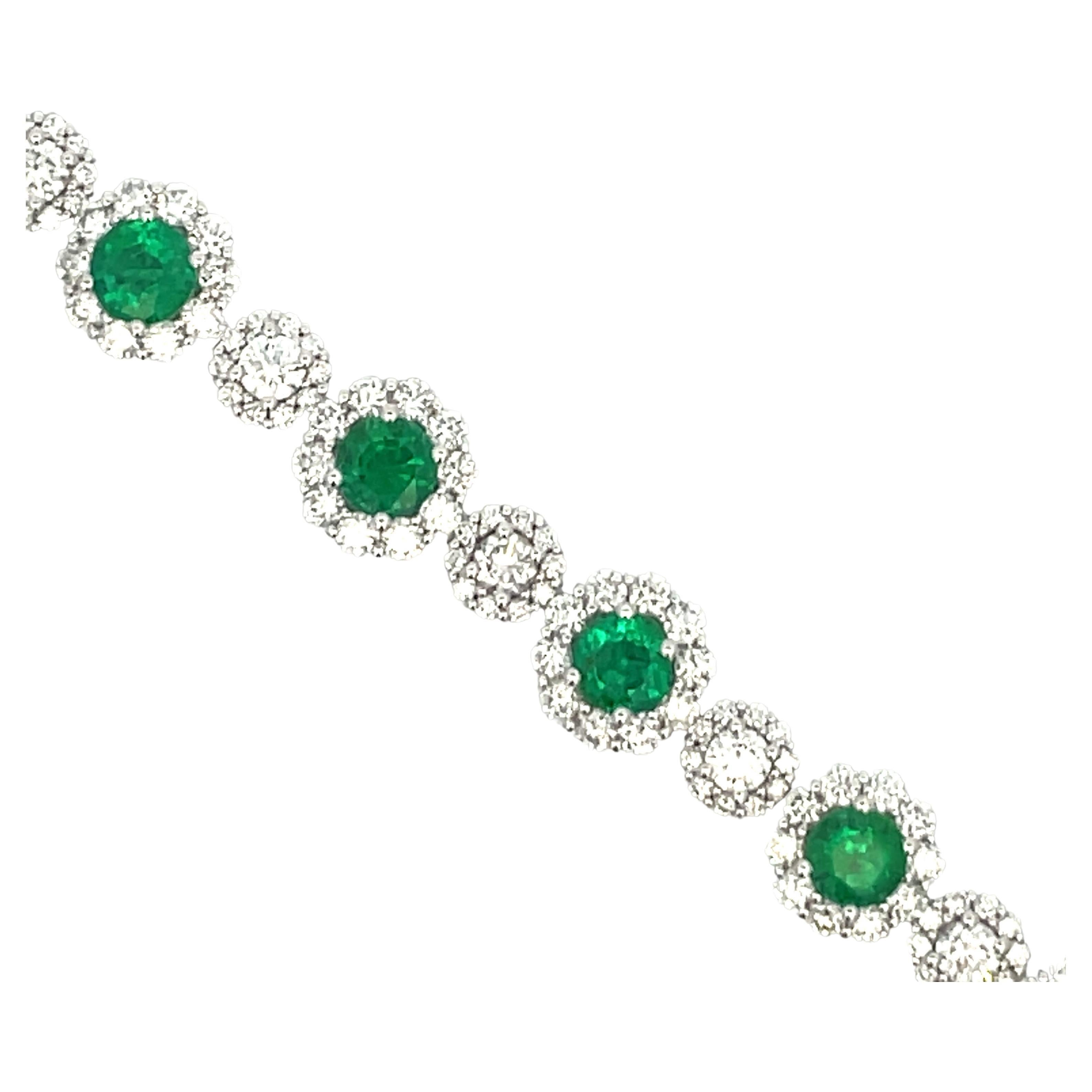 Emerald Diamond Halo Floral Link Bracelet 10.96 Carats 18 Karat White Gold In New Condition For Sale In New York, NY