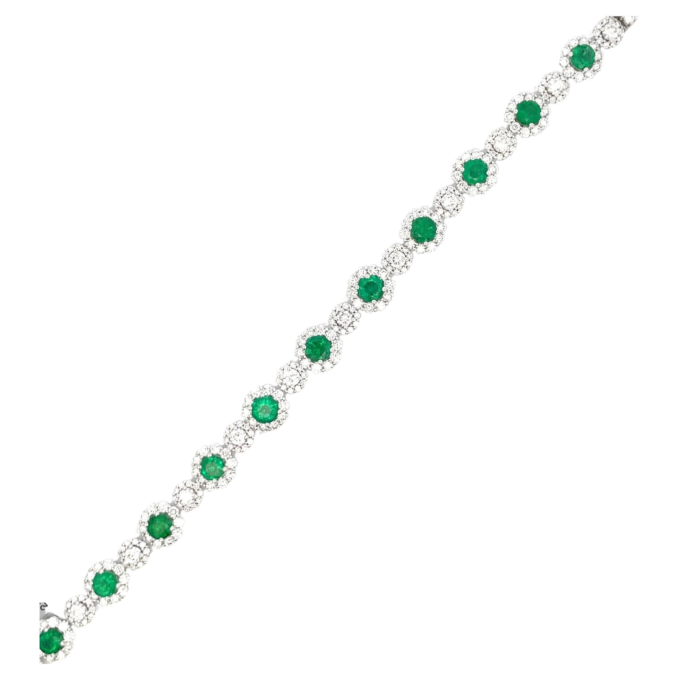 Emerald Diamond Halo Floral Link Bracelet 10.96 Carats 18 Karat White Gold For Sale
