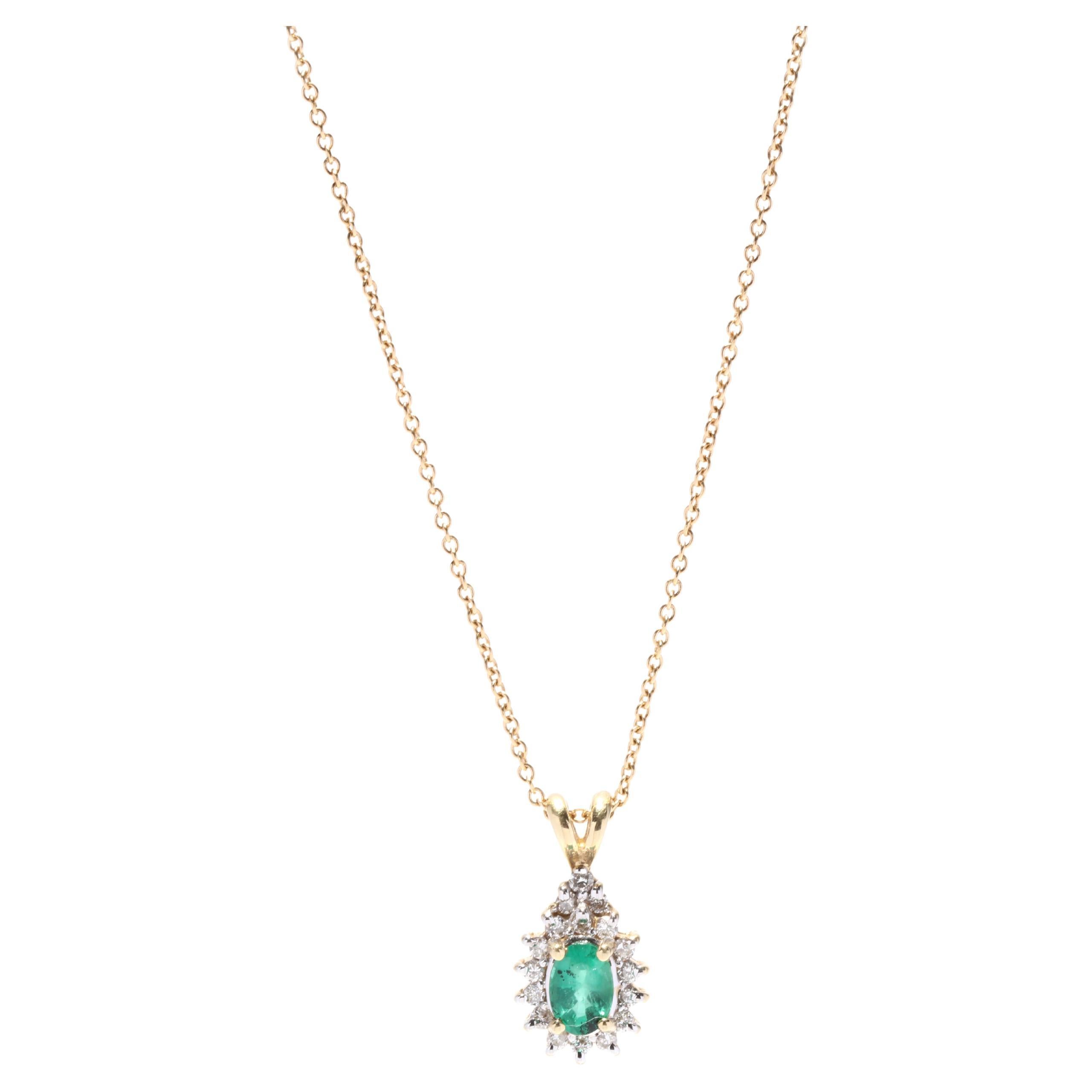 Emerald Diamond Halo Pendant Necklace, 14KT Yellow Gold