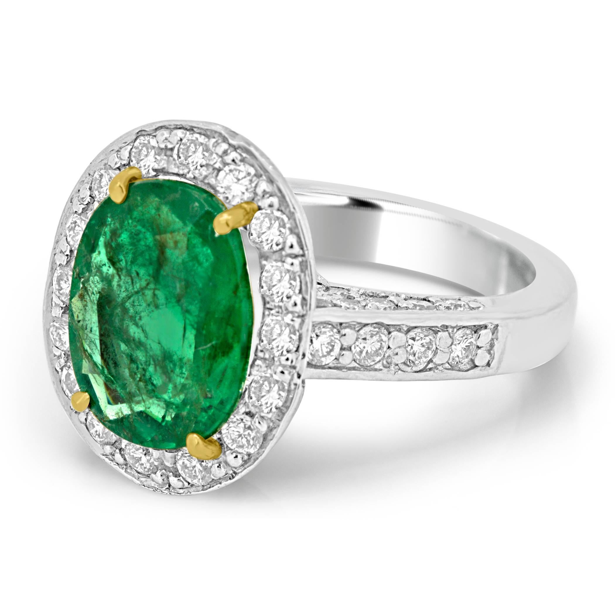 Modern Emerald Diamond Halo Platinum Ring