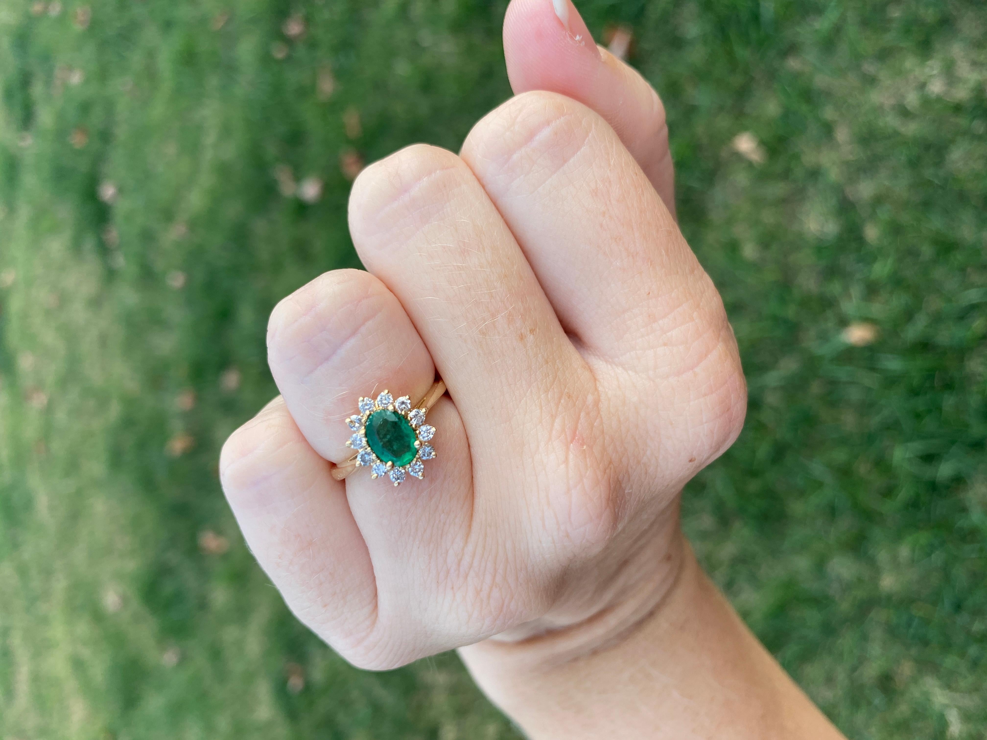 Emerald Diamond Halo Ring, 14KT Yellow Gold, Ring, Emerald In Good Condition In McLeansville, NC