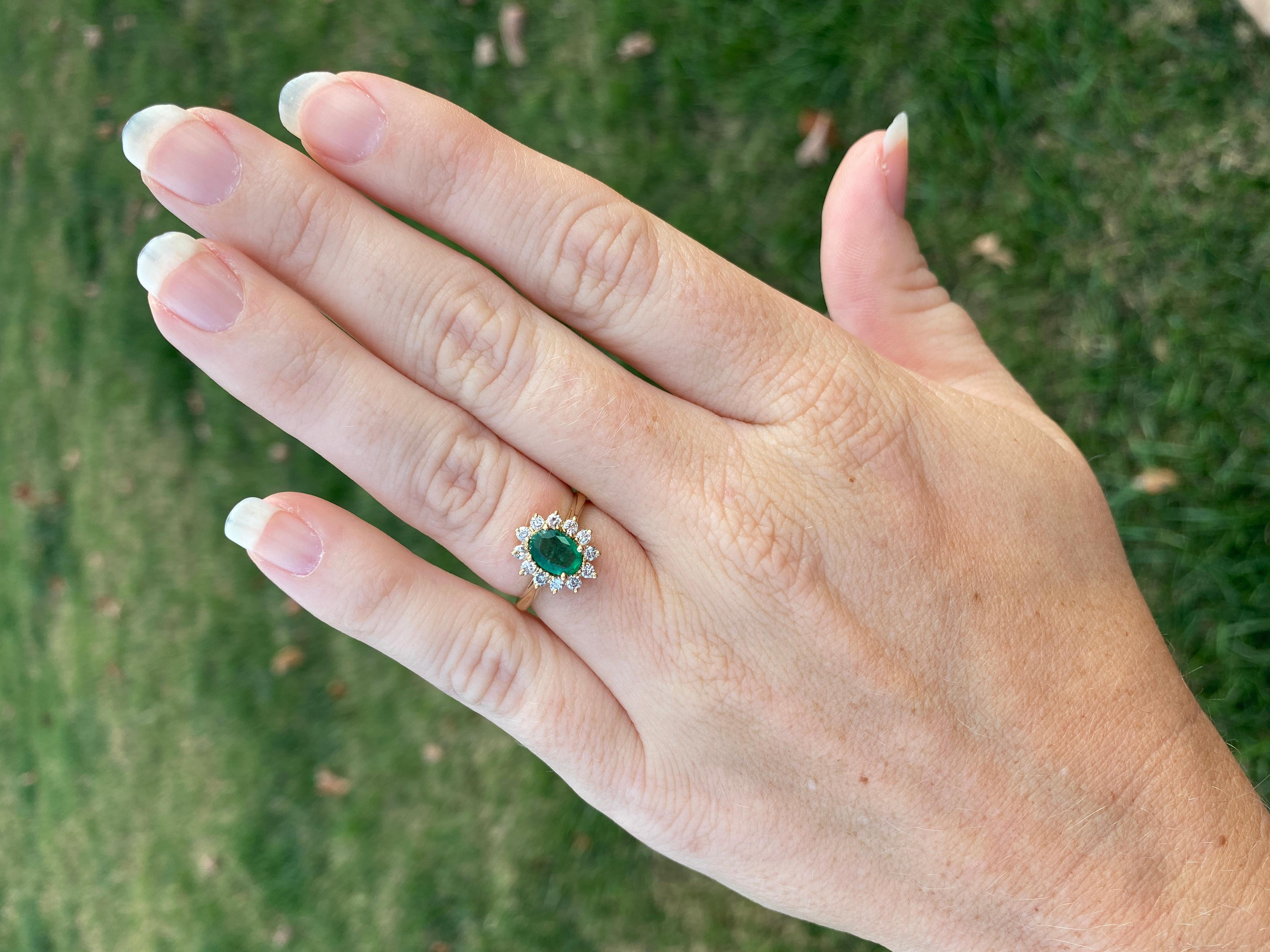 Women's or Men's Emerald Diamond Halo Ring, 14KT Yellow Gold, Ring, Emerald