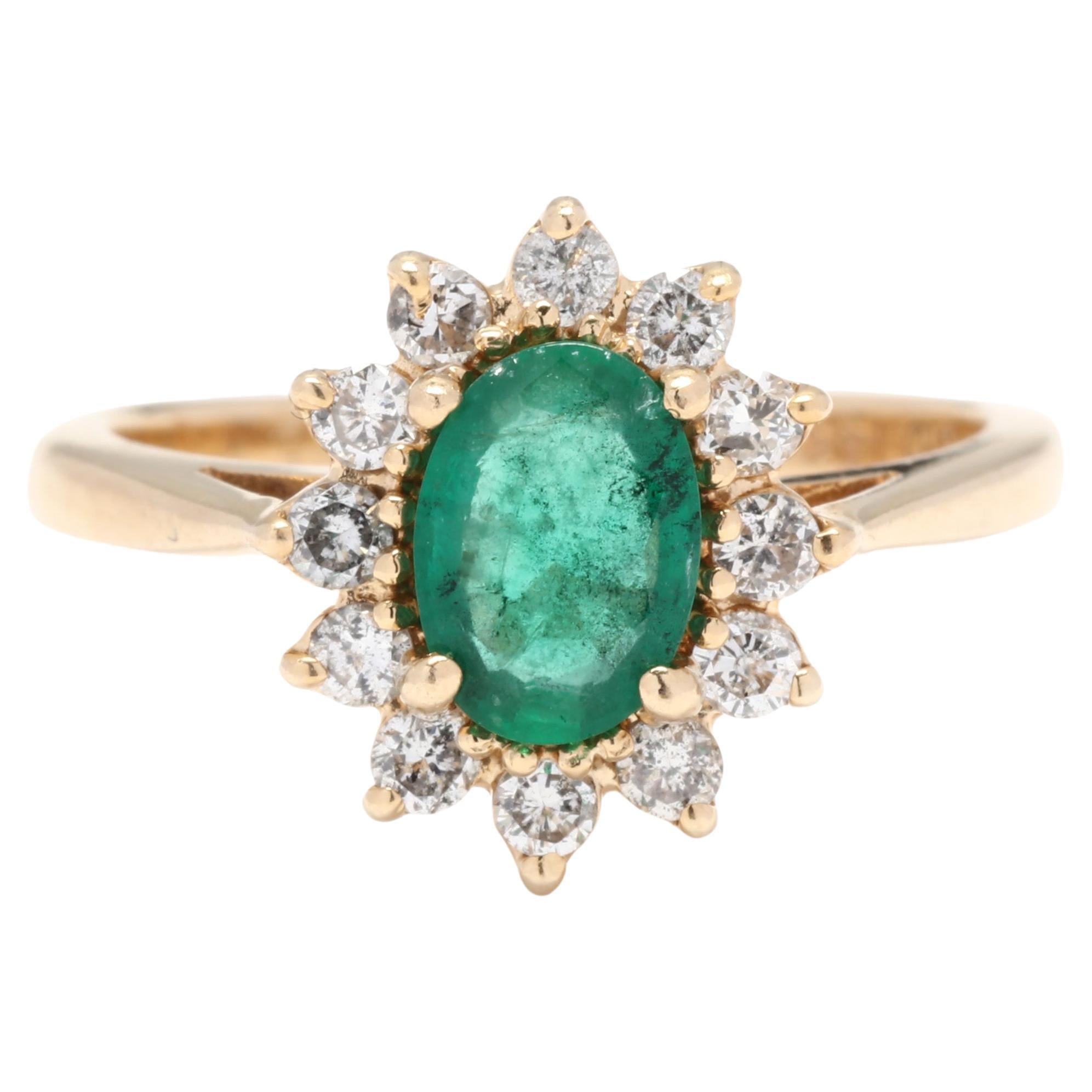 Emerald Diamond Halo Ring, 14KT Yellow Gold, Ring, Emerald