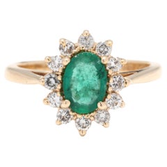 Vintage Emerald Diamond Halo Ring, 14KT Yellow Gold, Ring, Emerald