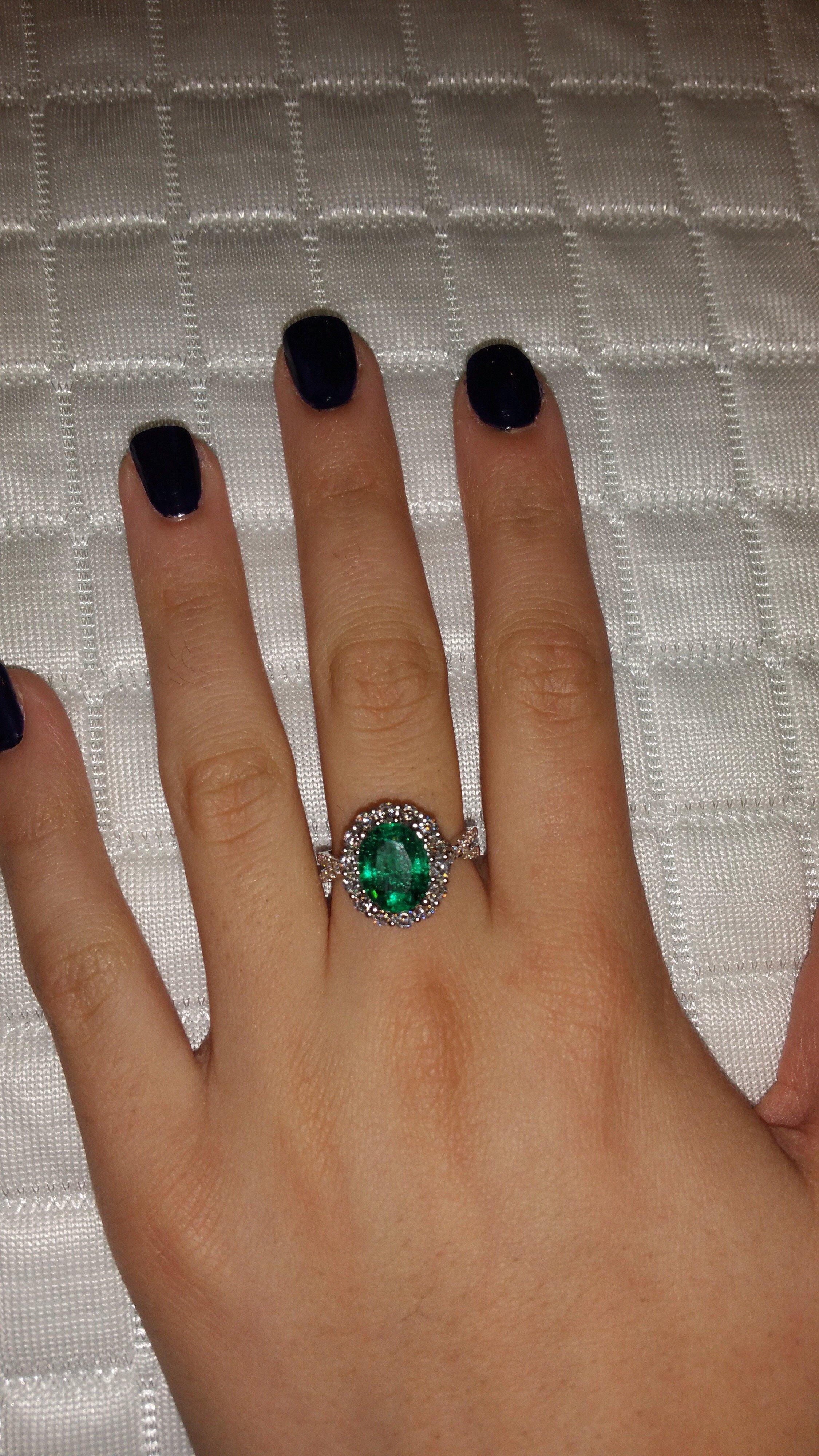 Women's Emerald Diamond Halo Ring 18 Karat White Gold